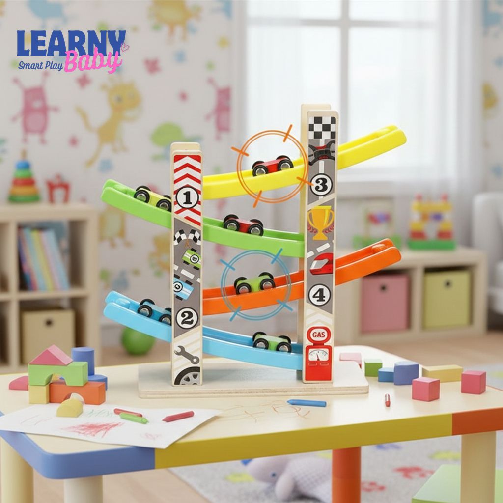 Montessori Wooden Ramp Racing Car Toy – 4–7 Track Inertia Slide Race Set for Toddlers