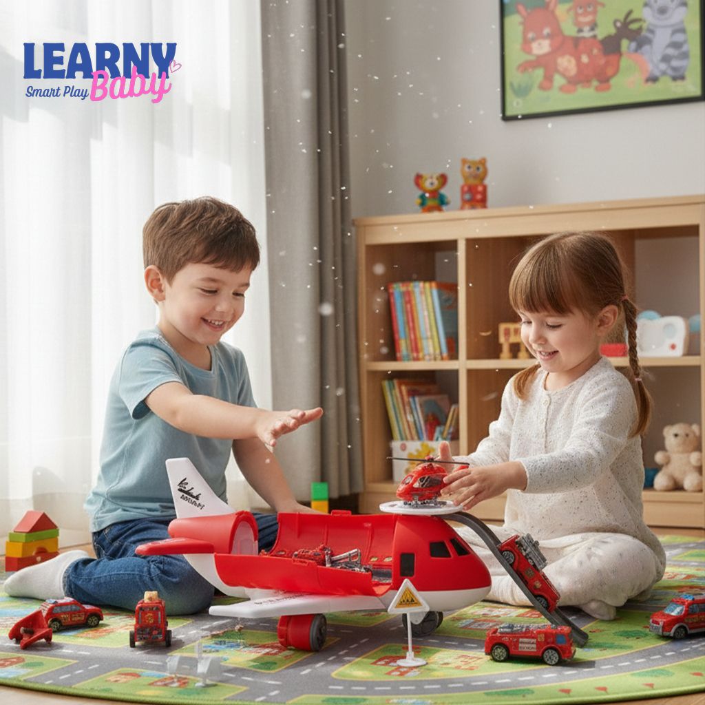 Children's Airplane Car Toy, Inertial Airplane Model, Equipped with 6 Road Signs Random 3 Cars 1 Helicopter, Christmas Gift