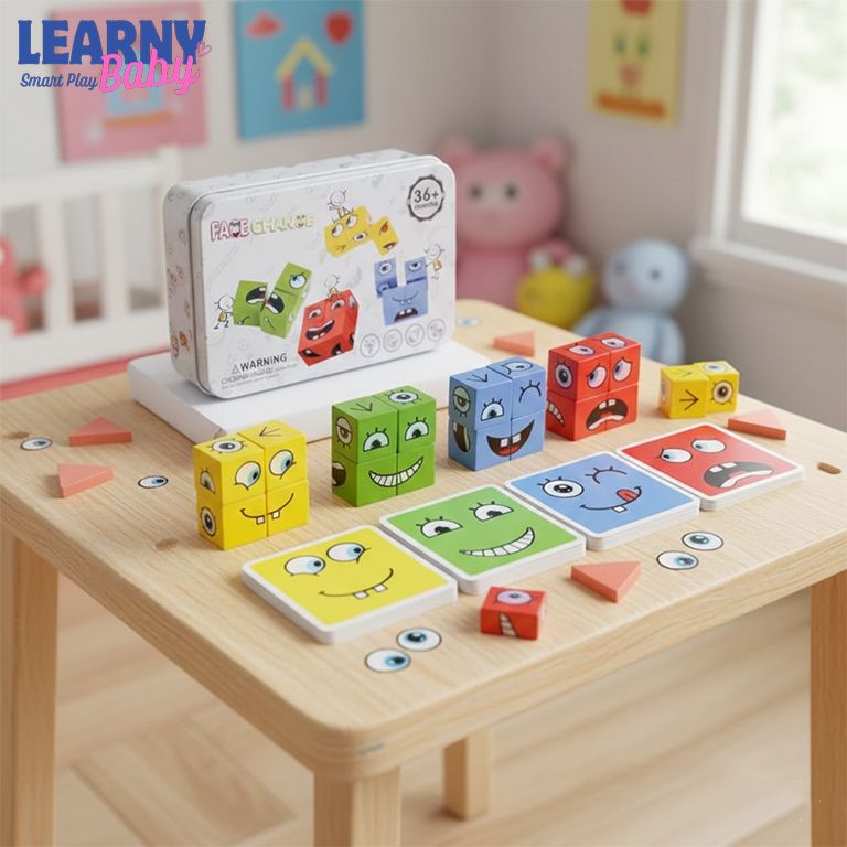 Wooden Emotion Cube Toy Set for Kids – 12 Facial Expression Blocks for Emotional Learning & Social Skills Development