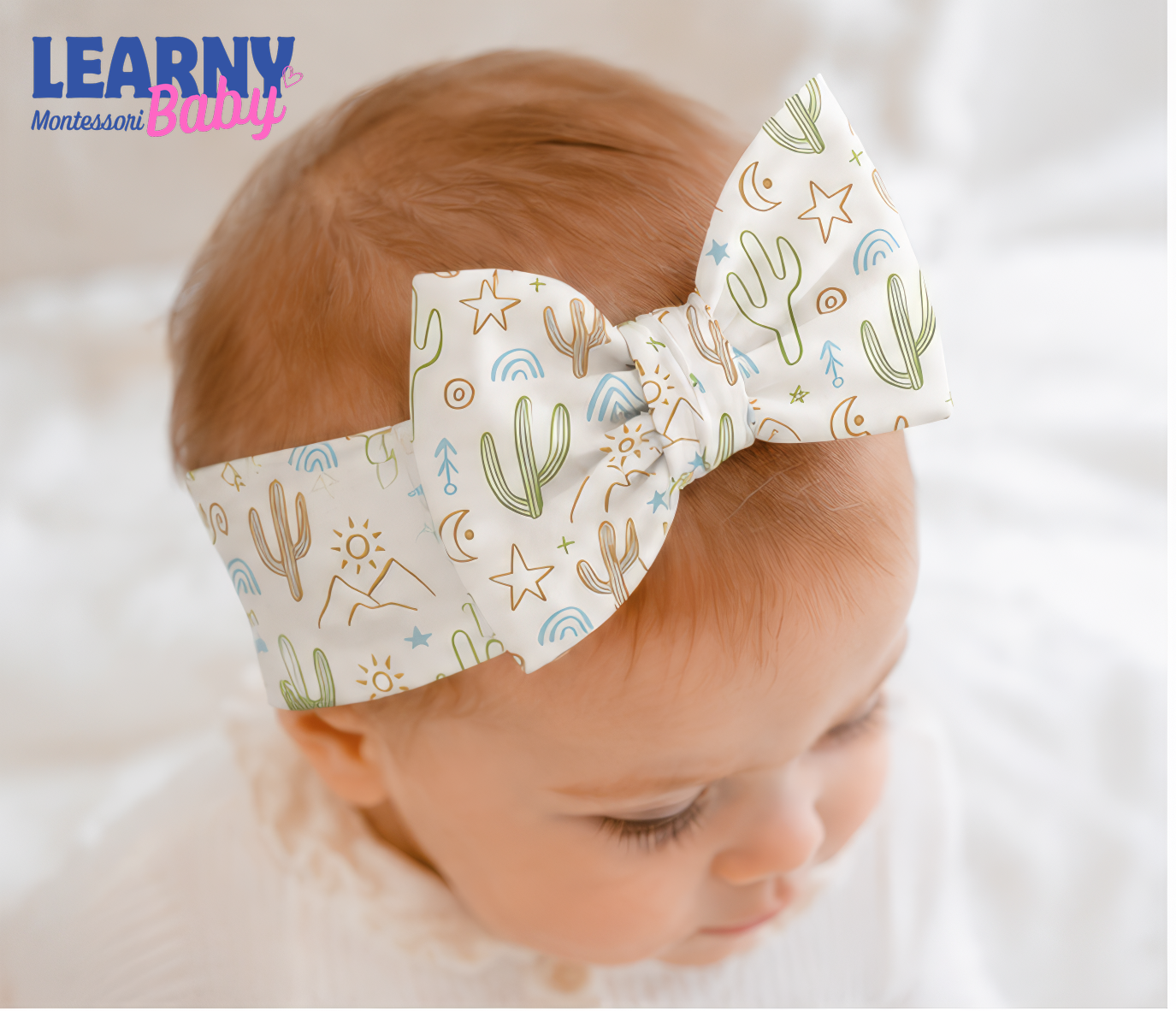 Bamboo Baby Headband, Boho Cactus Bow Headband, Soft Stretchy Newborn Hair Accessory, Baby Girl Gift