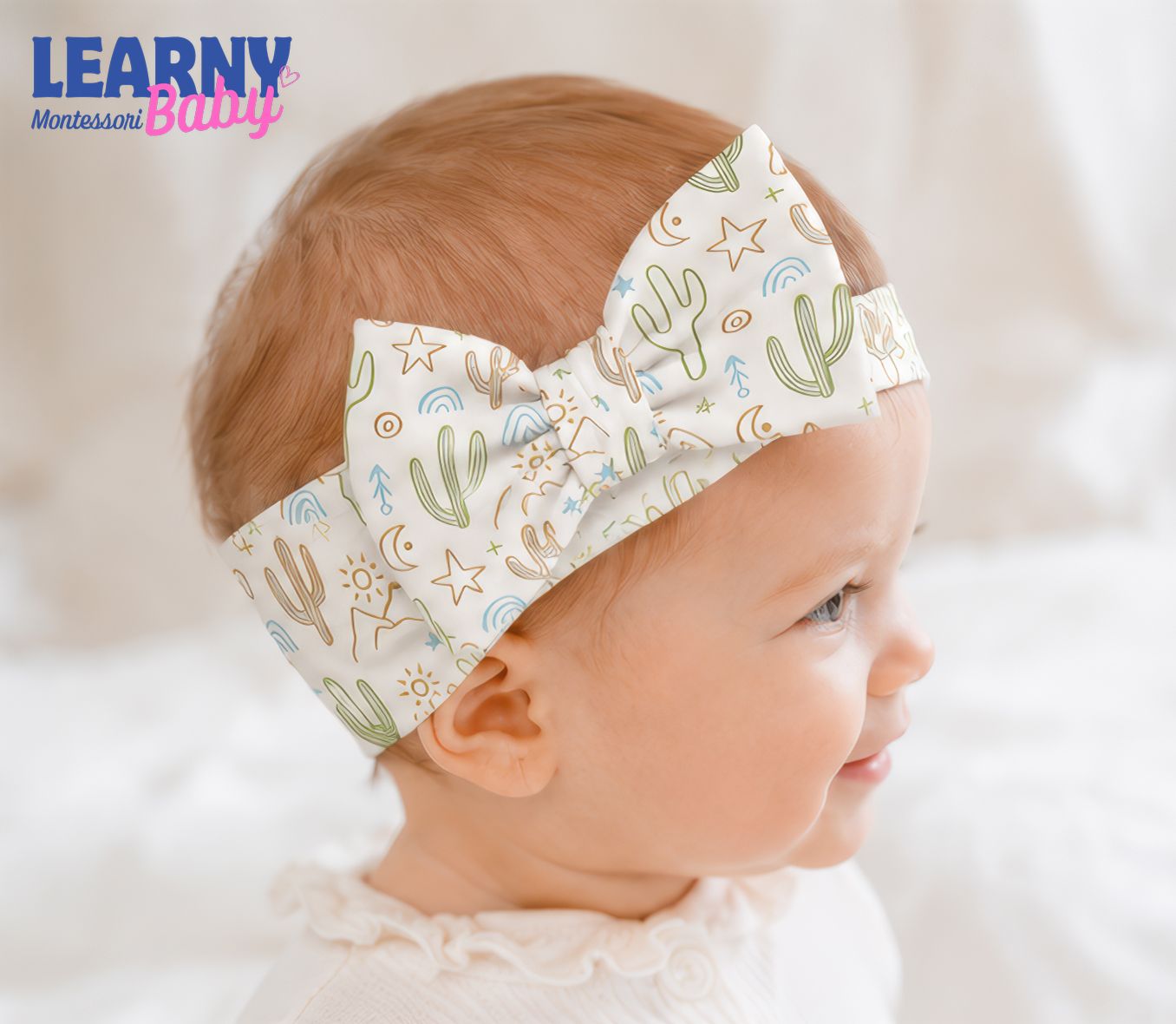 Bamboo Baby Headband, Boho Cactus Bow Headband, Soft Stretchy Newborn Hair Accessory, Baby Girl Gift
