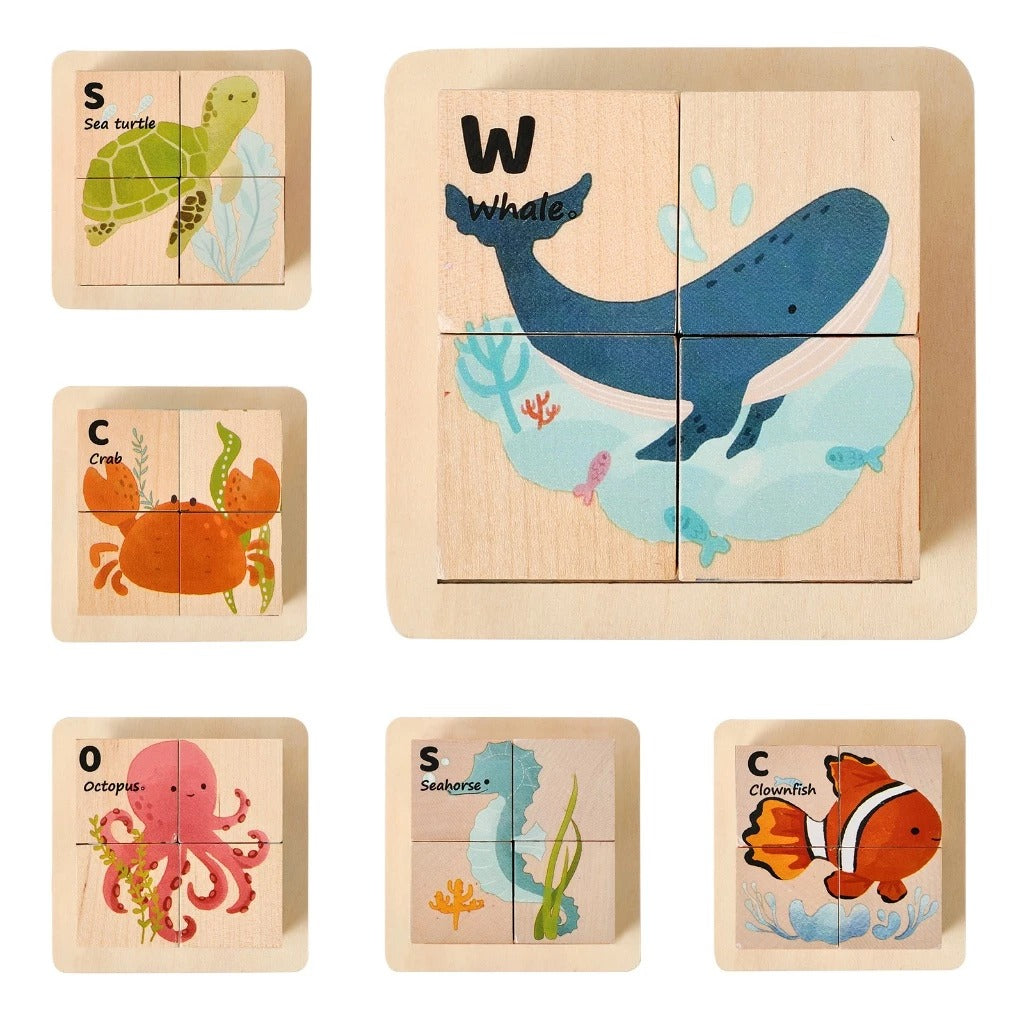 Montessori 3D Wooden Animal Puzzle Blocks – Four-Sided Rotating Educational Toy for Toddlers