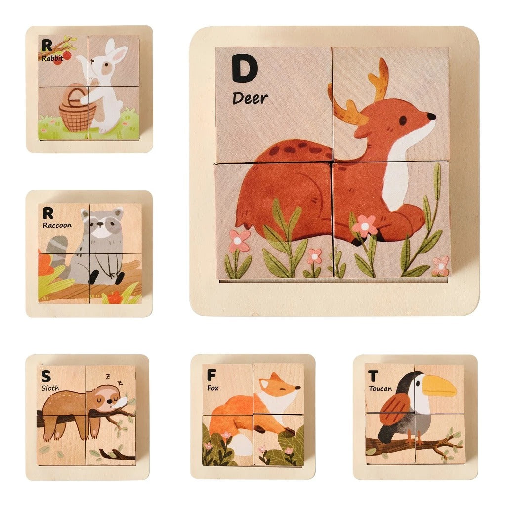 Montessori 3D Wooden Animal Puzzle Blocks – Four-Sided Rotating Educational Toy for Toddlers