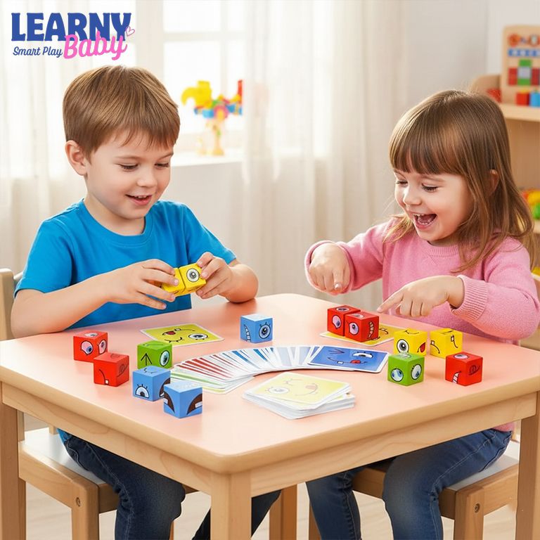 Wooden Emotion Cube Toy Set for Kids – 12 Facial Expression Blocks for Emotional Learning & Social Skills Development