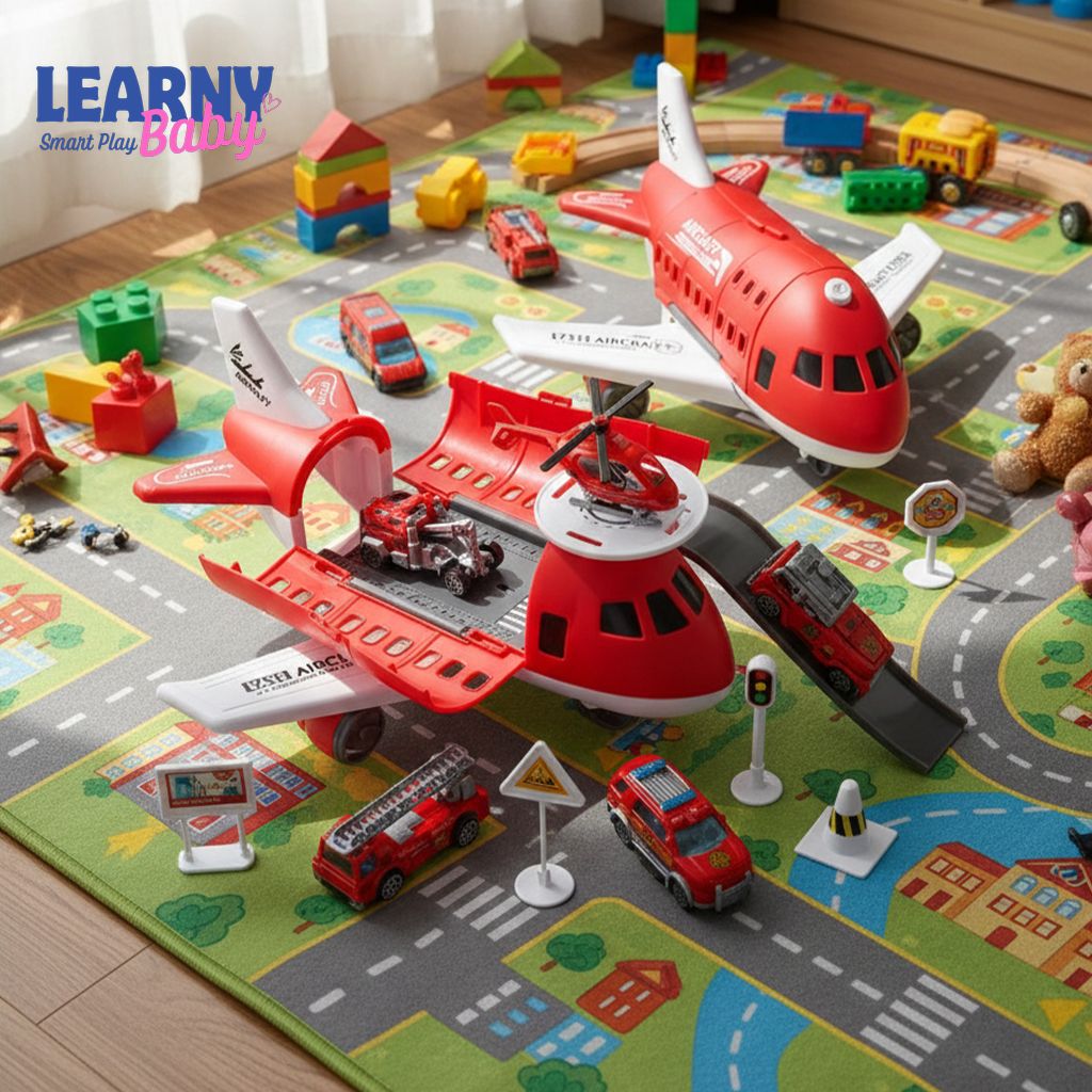 Children's Airplane Car Toy, Inertial Airplane Model, Equipped with 6 Road Signs Random 3 Cars 1 Helicopter, Christmas Gift
