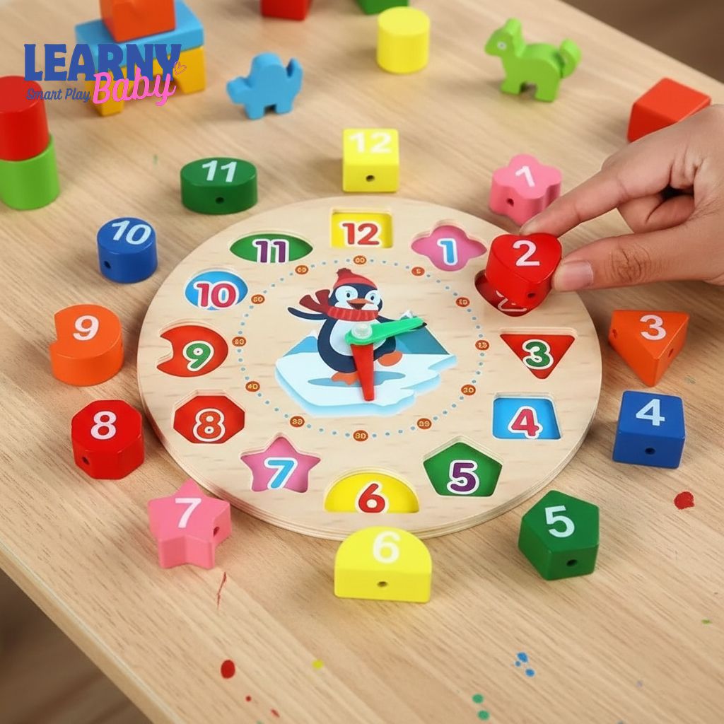 Montessori Wooden Blocks Puzzle for Kids – Shape, Number & Color Sorting Clock Toy, Penguin Pattern Time Learning Educational Toy for Toddlers Ages 3–6