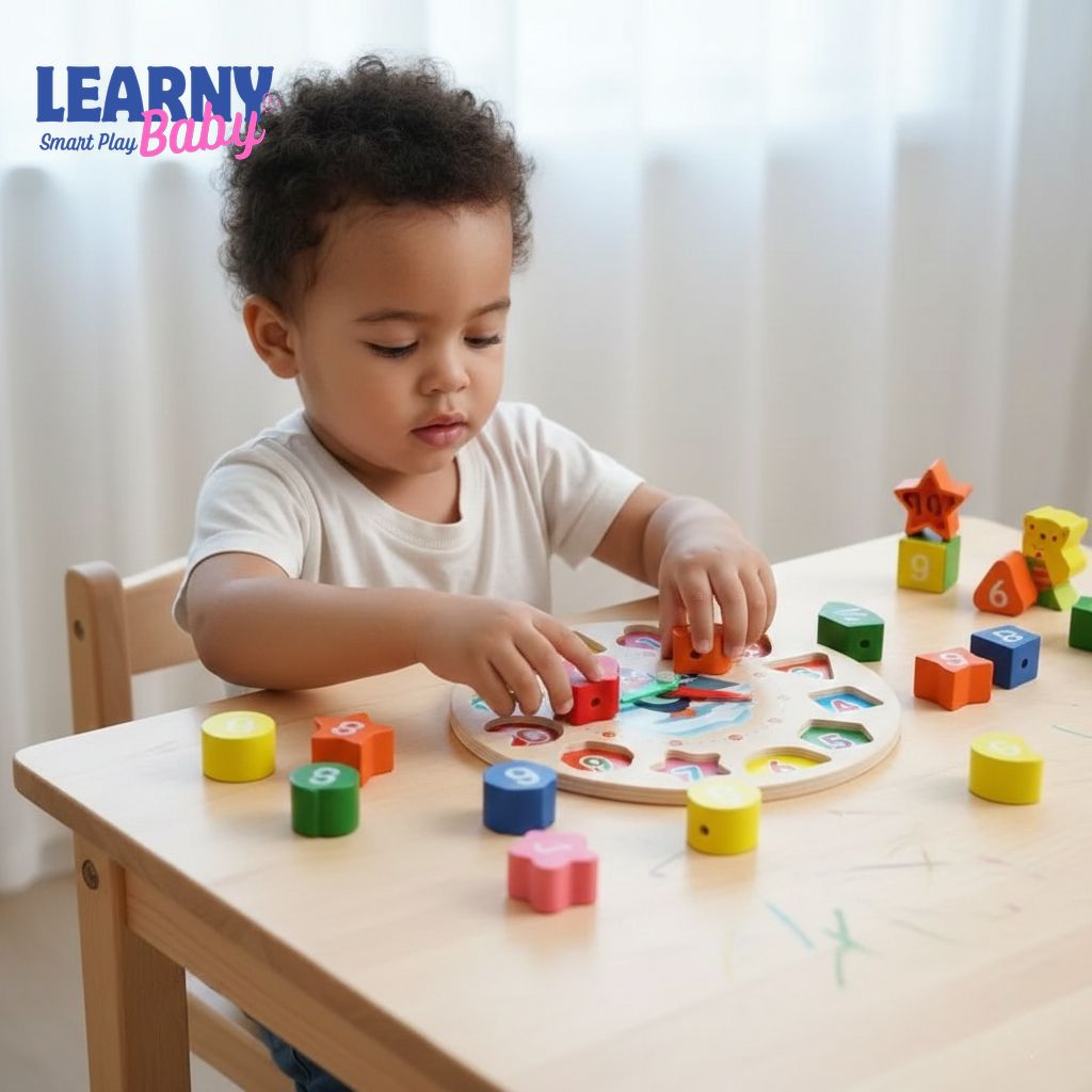 Montessori Wooden Blocks Puzzle for Kids – Shape, Number & Color Sorting Clock Toy, Penguin Pattern Time Learning Educational Toy for Toddlers Ages 3–6