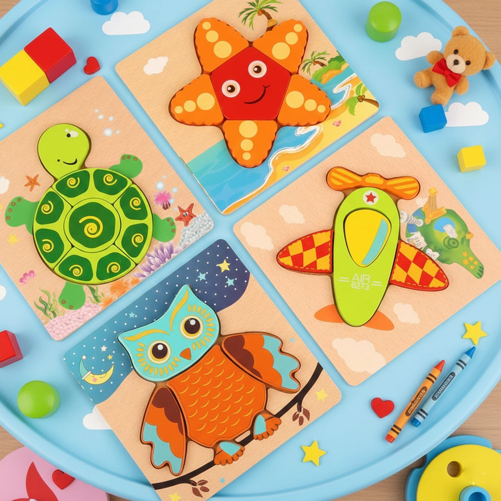 High Quality 3D Wooden Puzzle for Kids – Cartoon Animal & Traffic Jigsaw, Early Learning Cognitive Game Toy for Children Ages 3-6