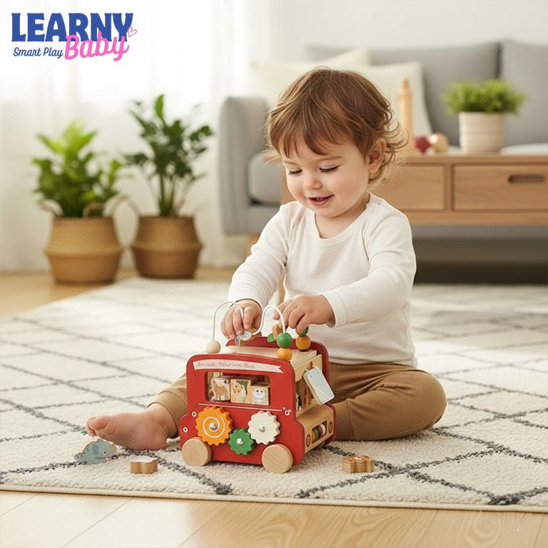 Montessori 5-in-1 Wooden Busy Box Toy for Babies 0–12 Months – Sensory & Early Learning Educational Gift