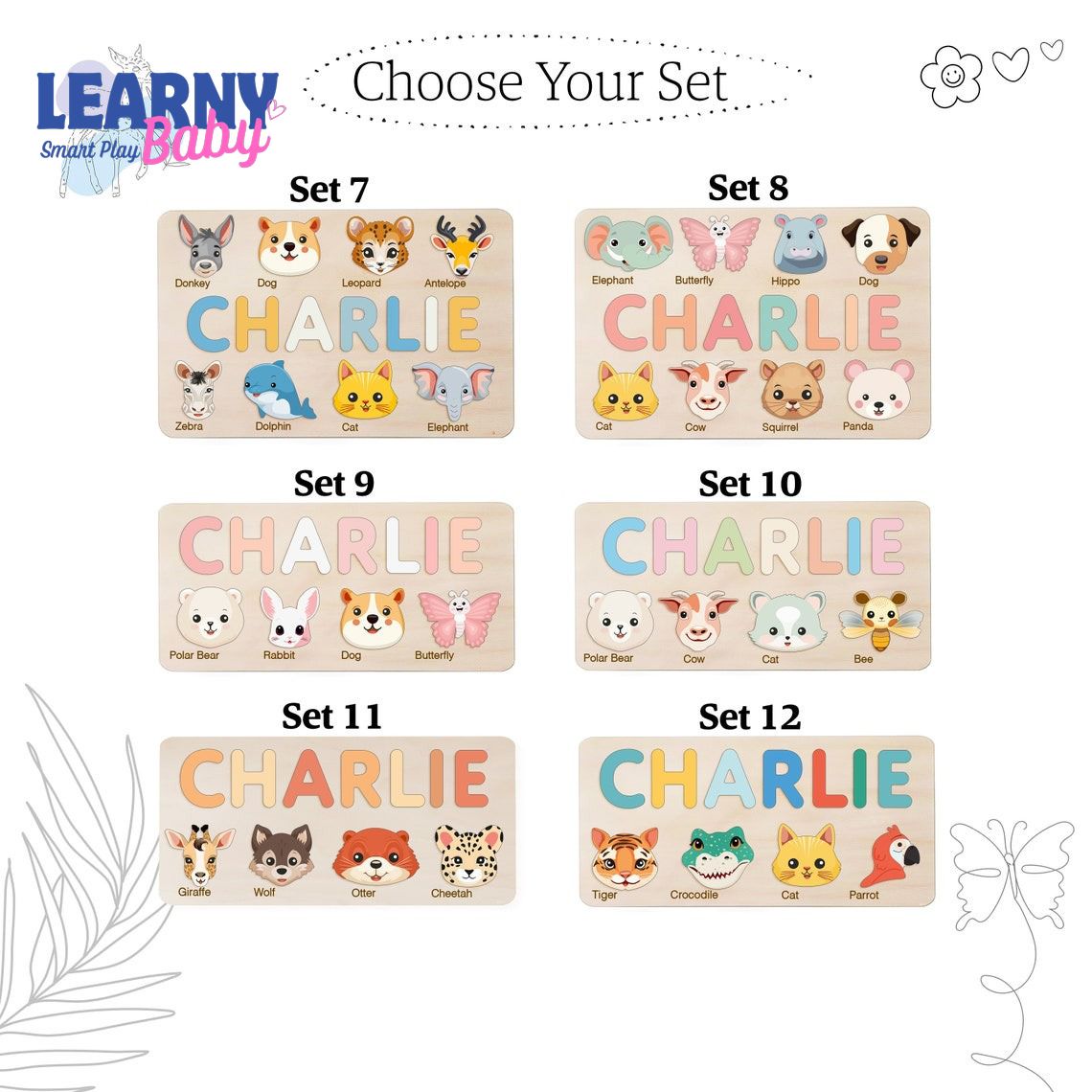 Personalized Handmade Baby Name Puzzle with Animals, Baby Girl Gift, Baby Boy Gift, Personalized Wooden Toys for Baby, Nursery Decor BBLB12