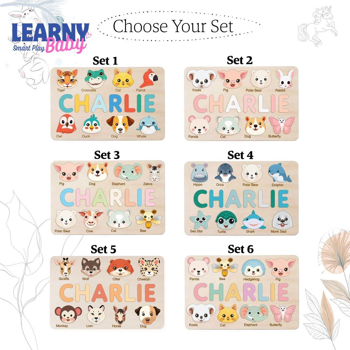 Personalized Handmade Baby Name Puzzle with Animals, Baby Girl Gift, Baby Boy Gift, Personalized Wooden Toys for Baby, Nursery Decor BBLB12