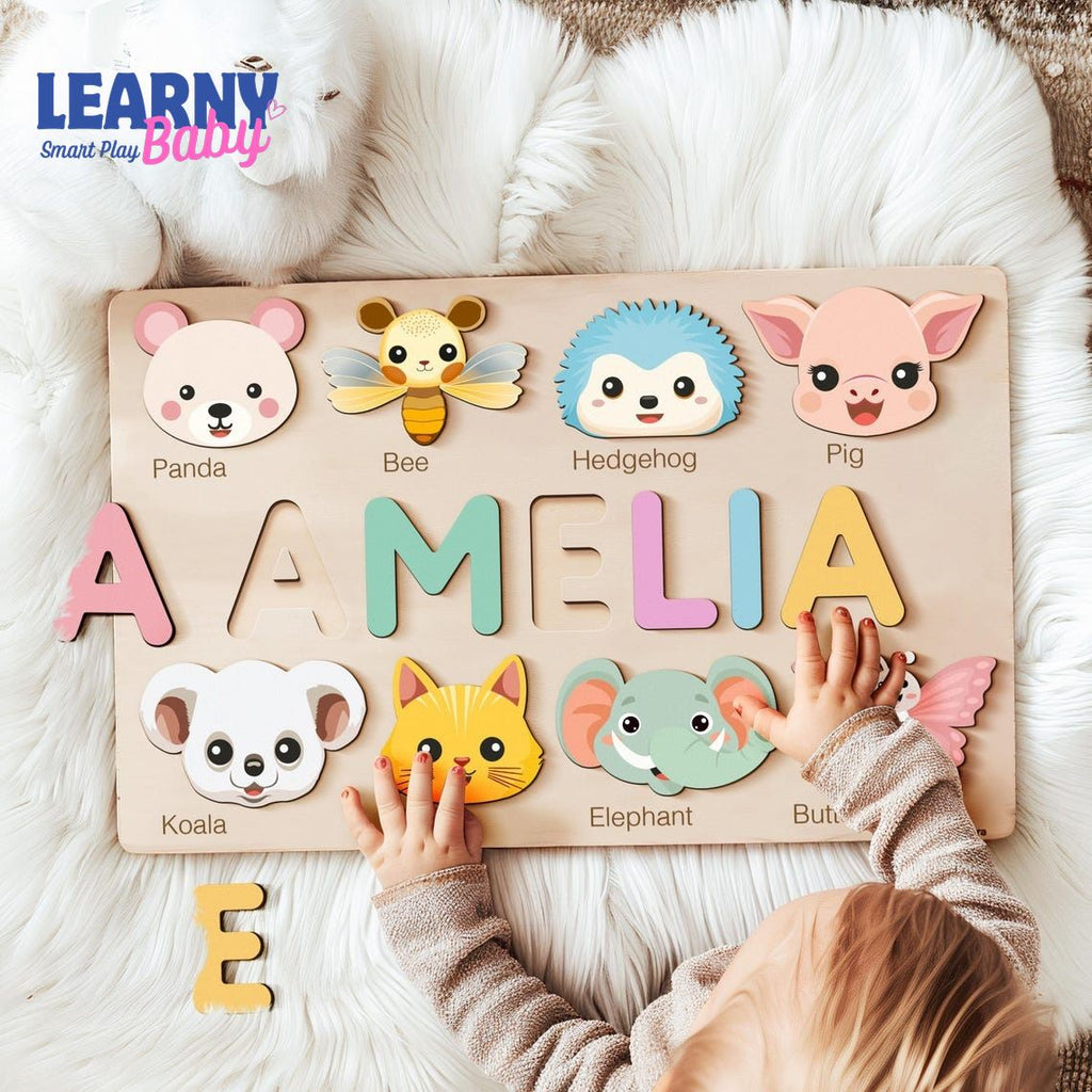 Personalized Handmade Baby Name Puzzle with Animals, Baby Girl Gift, Baby Boy Gift, Personalized Wooden Toys for Baby, Nursery Decor BBLB12