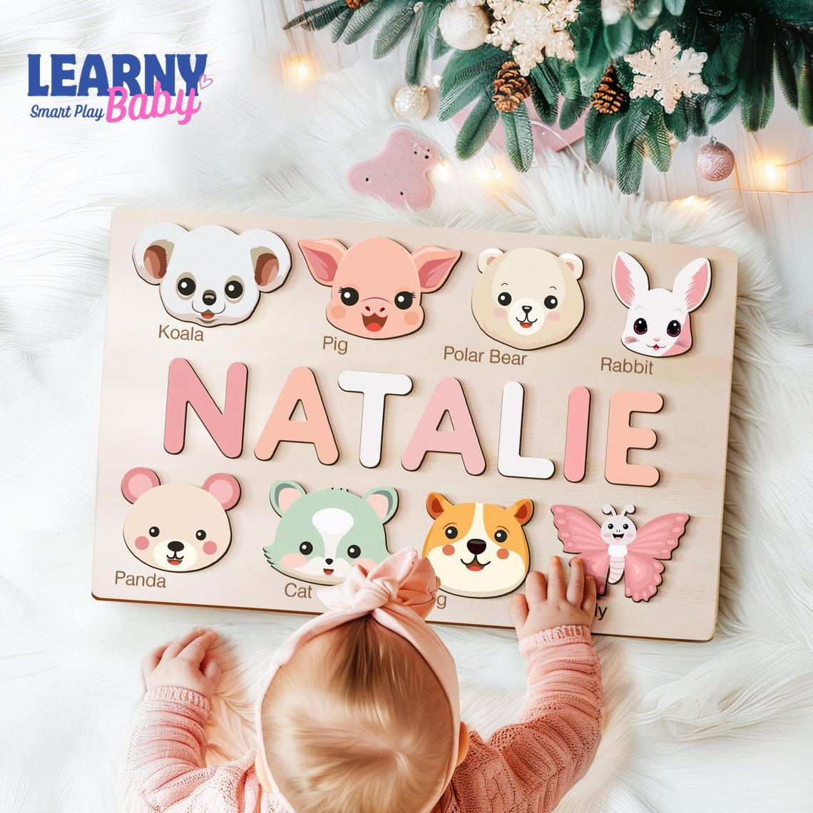 Personalized Handmade Baby Name Puzzle with Animals, Baby Girl Gift, Baby Boy Gift, Personalized Wooden Toys for Baby, Nursery Decor BBLB12