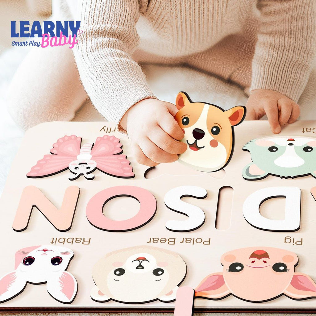 Personalized Handmade Baby Name Puzzle with Animals, Baby Girl Gift, Baby Boy Gift, Personalized Wooden Toys for Baby, Nursery Decor BBLB12