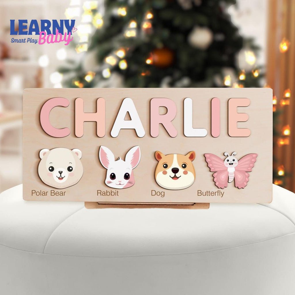 Personalized Handmade Baby Name Puzzle with Animals, Baby Girl Gift, Baby Boy Gift, Personalized Wooden Toys for Baby, Nursery Decor BBLB12