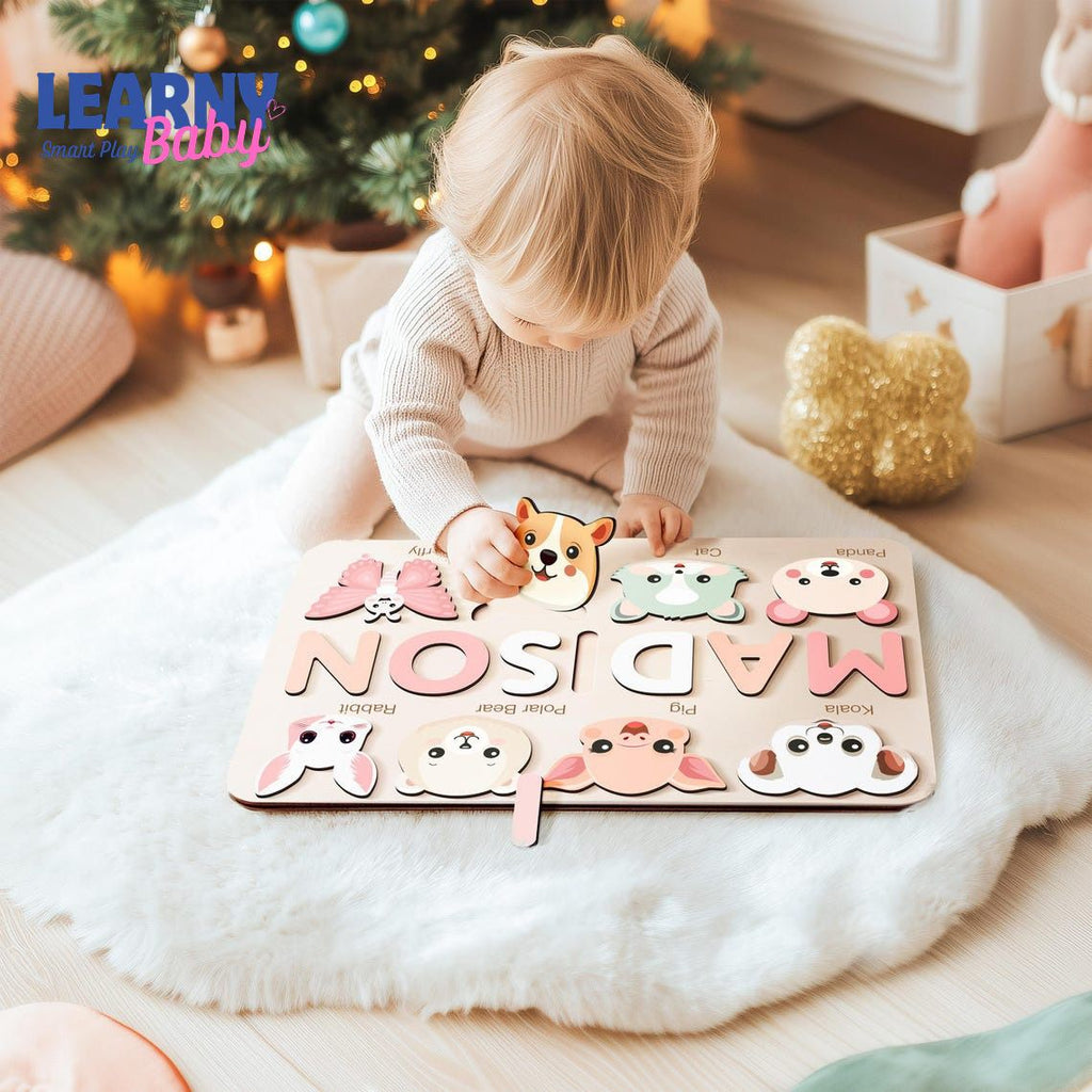 Personalized Handmade Baby Name Puzzle with Animals, Baby Girl Gift, Baby Boy Gift, Personalized Wooden Toys for Baby, Nursery Decor BBLB12