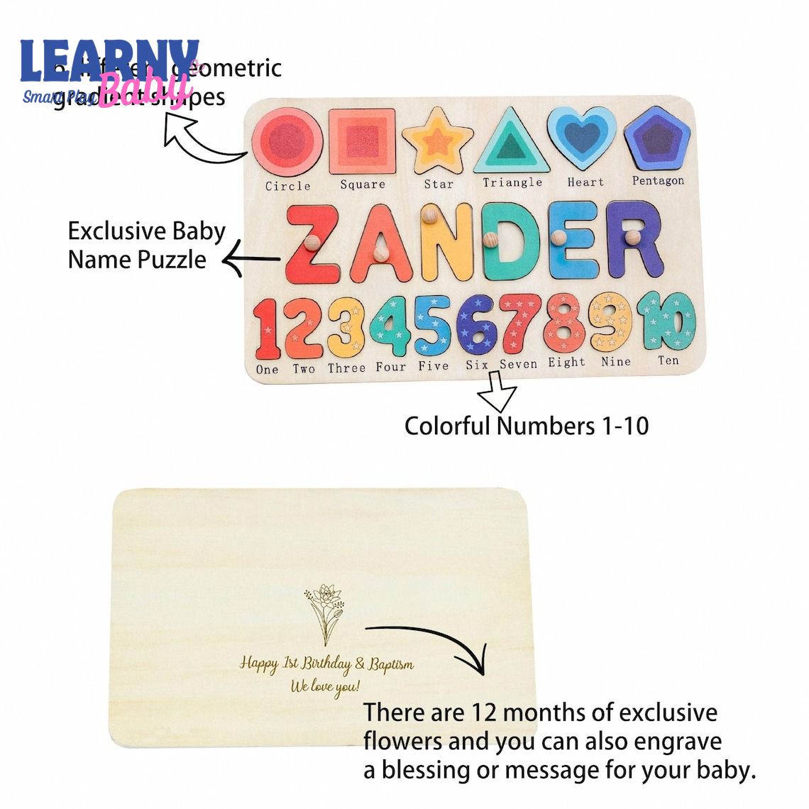 Custom Handmade Name Puzzle with geometry, Wood Toy, Personalized Birthday Gift for Kids, Christmas Gifts for Toddlers, Unique New Baby Gift BBLB13