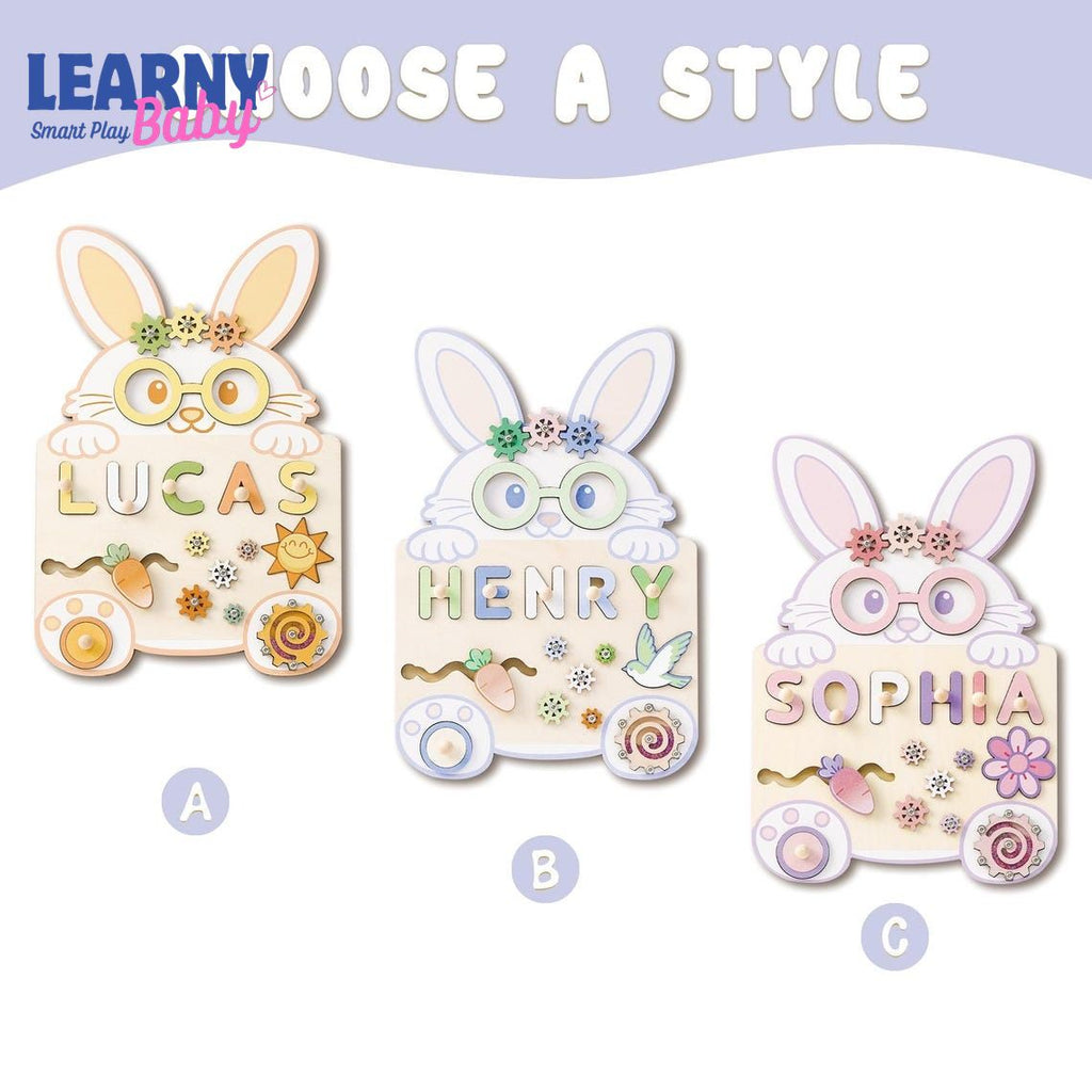 Custom Rabbit Baby Name Puzzle, Personalised Kids Busy Board, Easter Bunny Toy Gift, First Easter Gift for Kids, Baby Boy 1st Birthday Gift BBLB15