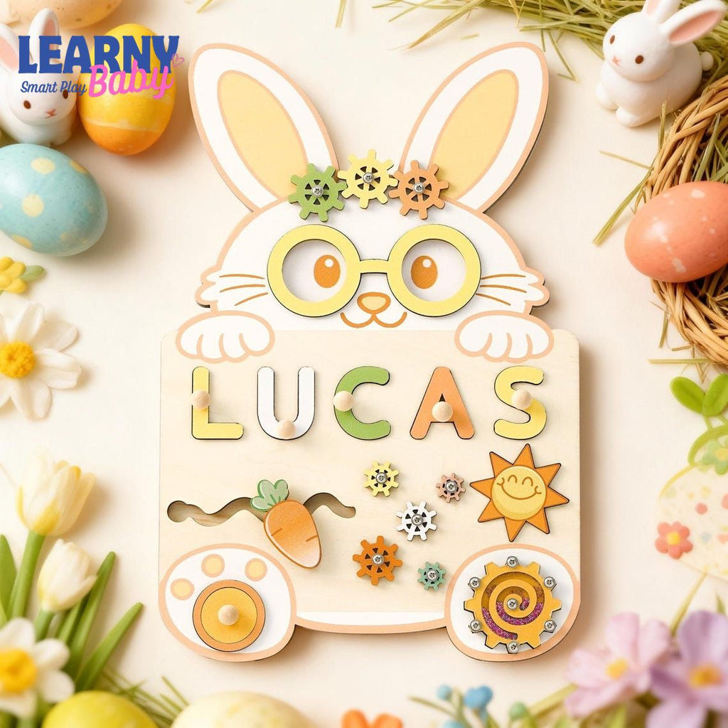 Custom Rabbit Baby Name Puzzle, Personalised Kids Busy Board, Easter Bunny Toy Gift, First Easter Gift for Kids, Baby Boy 1st Birthday Gift BBLB15