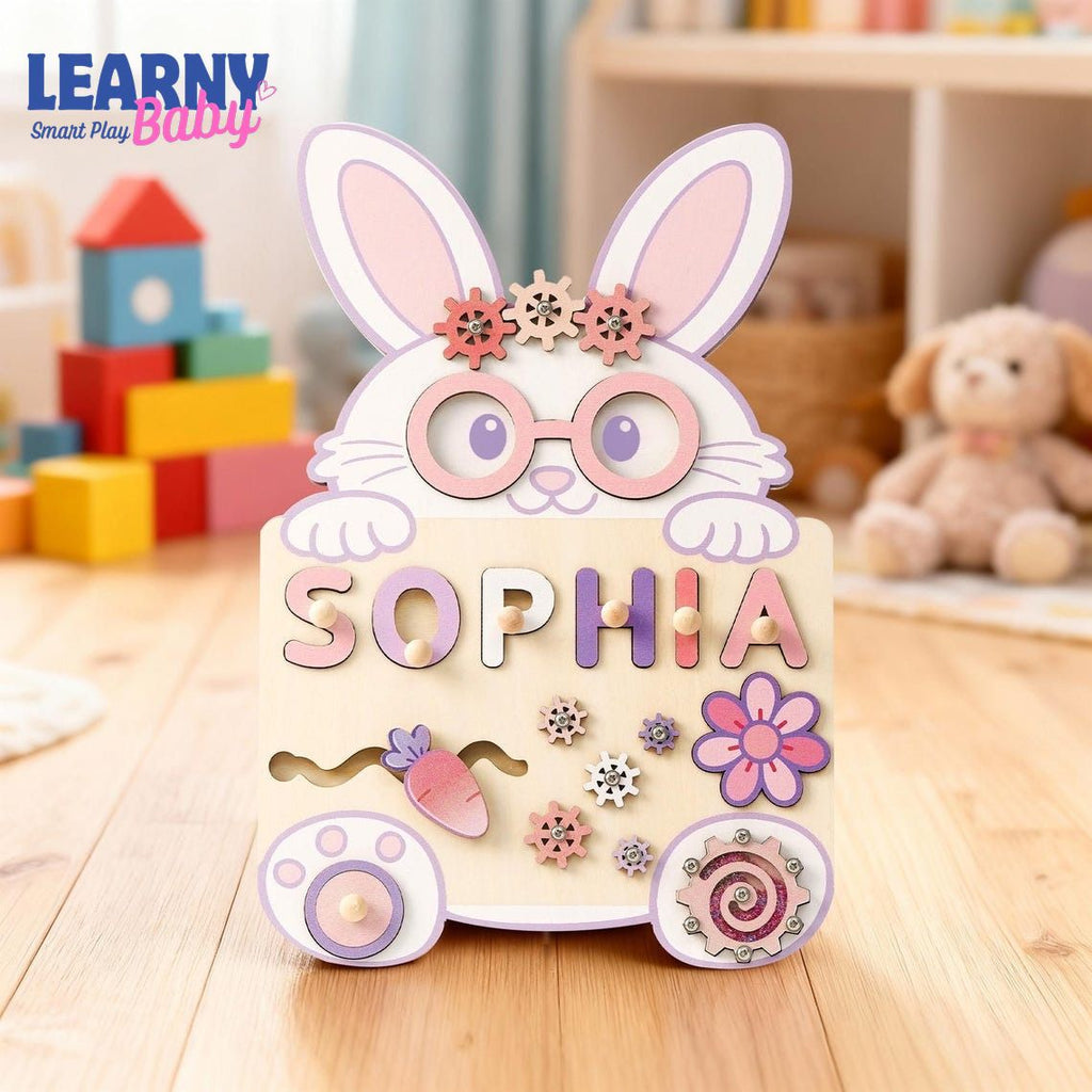 Custom Rabbit Baby Name Puzzle, Personalised Kids Busy Board, Easter Bunny Toy Gift, First Easter Gift for Kids, Baby Boy 1st Birthday Gift BBLB15
