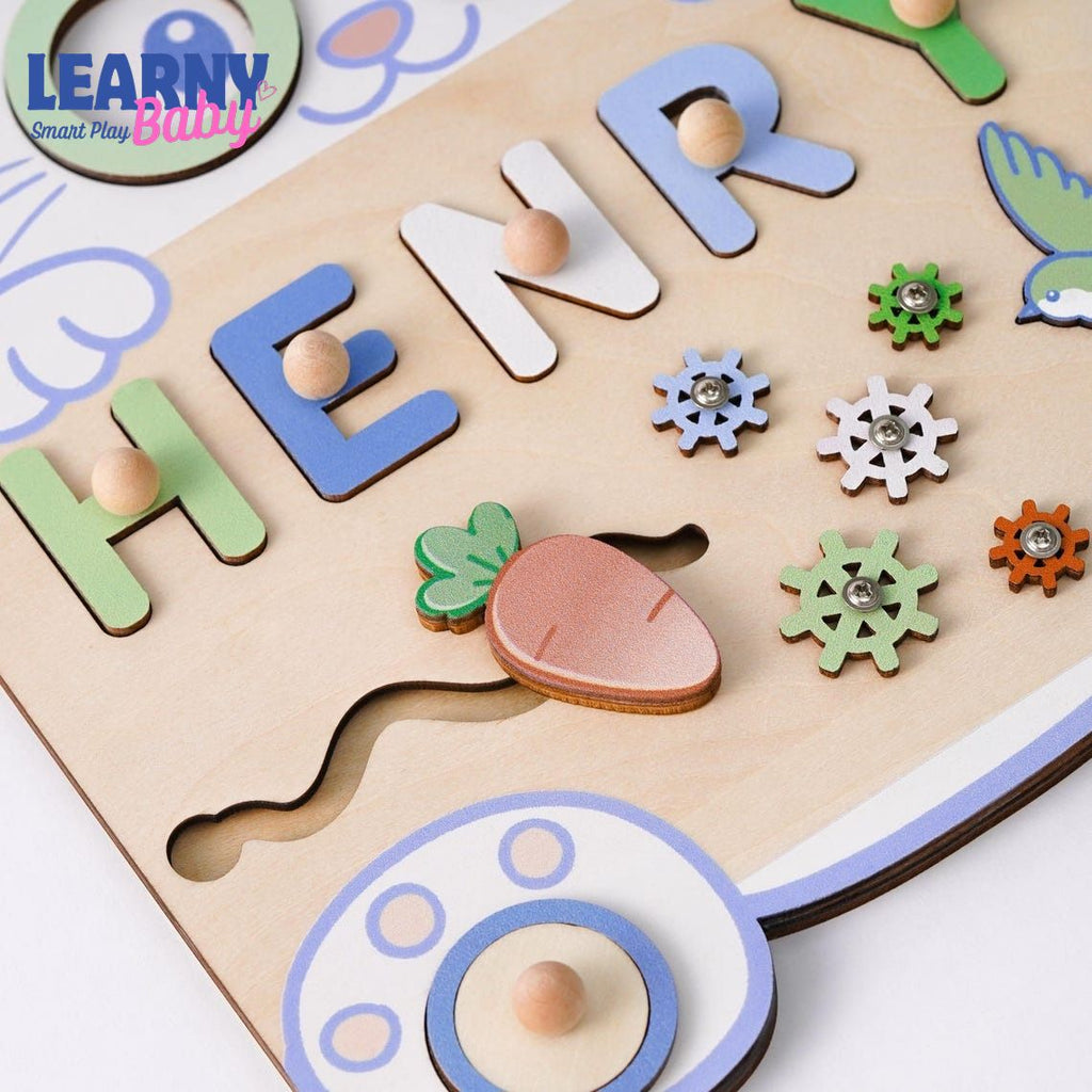 Custom Rabbit Baby Name Puzzle, Personalised Kids Busy Board, Easter Bunny Toy Gift, First Easter Gift for Kids, Baby Boy 1st Birthday Gift BBLB15