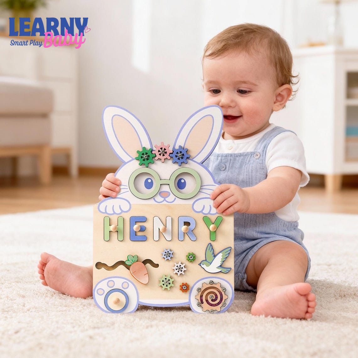 Custom Rabbit Baby Name Puzzle, Personalised Kids Busy Board, Easter Bunny Toy Gift, First Easter Gift for Kids, Baby Boy 1st Birthday Gift BBLB15