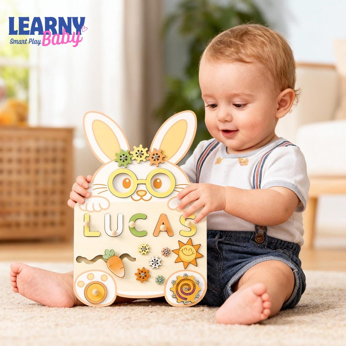 Custom Rabbit Baby Name Puzzle, Personalised Kids Busy Board, Easter Bunny Toy Gift, First Easter Gift for Kids, Baby Boy 1st Birthday Gift BBLB15