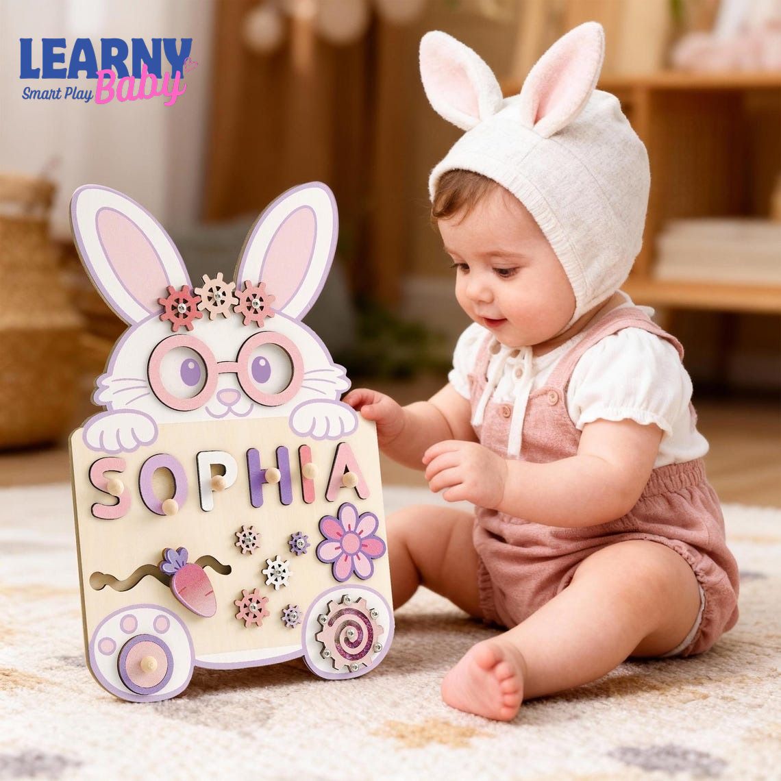 Custom Rabbit Baby Name Puzzle, Personalised Kids Busy Board, Easter Bunny Toy Gift, First Easter Gift for Kids, Baby Boy 1st Birthday Gift BBLB15