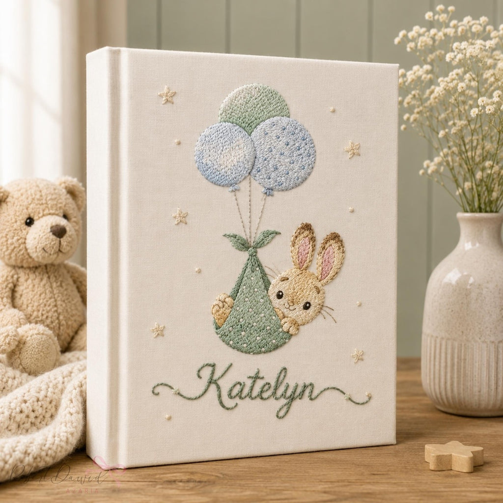 Personalized Embroidered Baby's Photo Album, Custom Goose & Hydrangea Motif, Heirloom Baby Keepsake, Newborn Photo Storage EPLB06