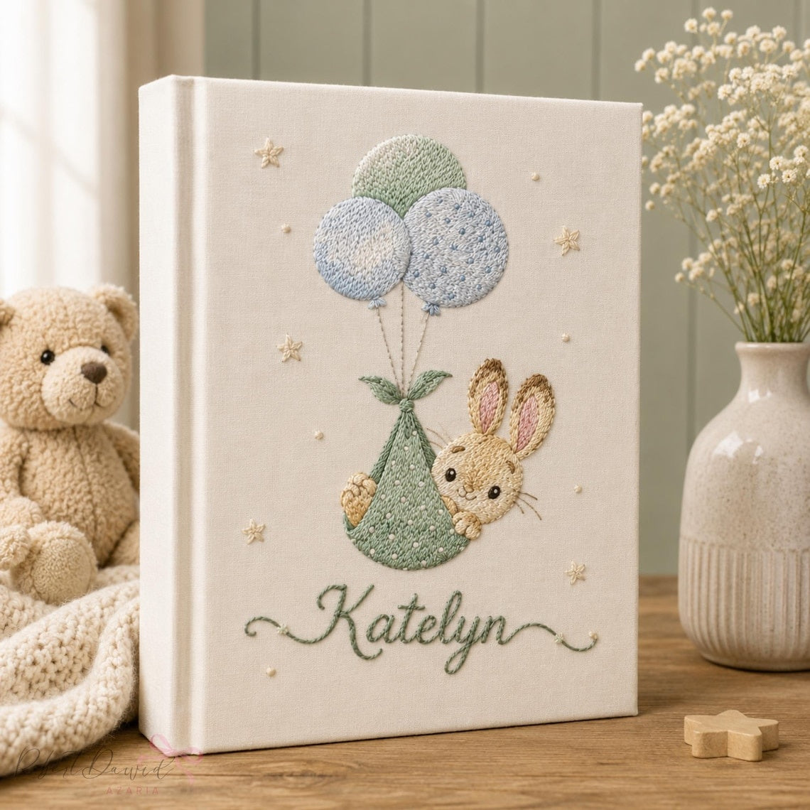 Personalized Embroidered Baby's Photo Album, Custom Goose & Hydrangea Motif, Heirloom Baby Keepsake, Newborn Photo Storage EPLB06