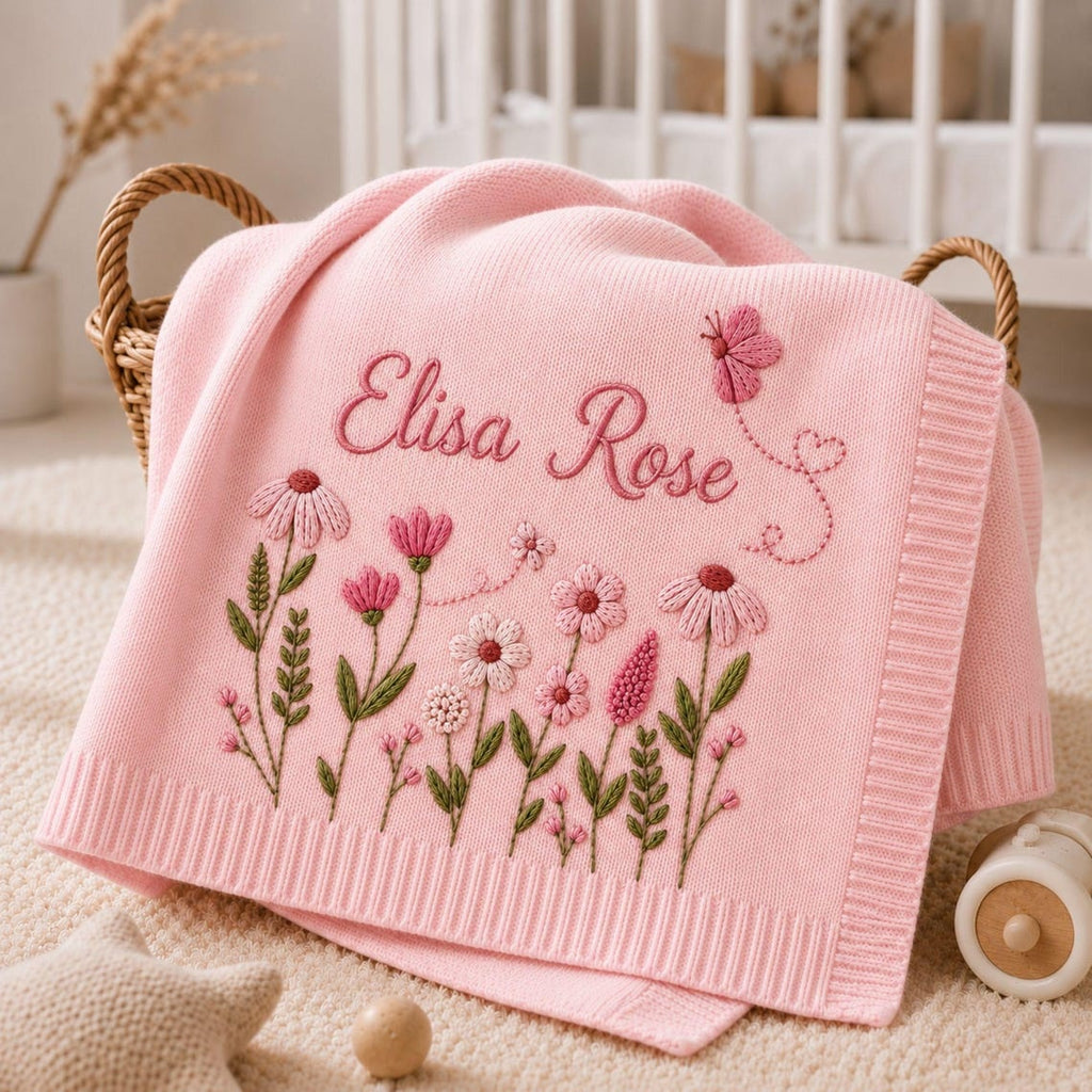 Personalized Floral Butterfly Embroidered Baby Blanket, Custom Embroidered Knit Name Blanket, Welcome Baby Nursery Keepsake, Newborn Gift