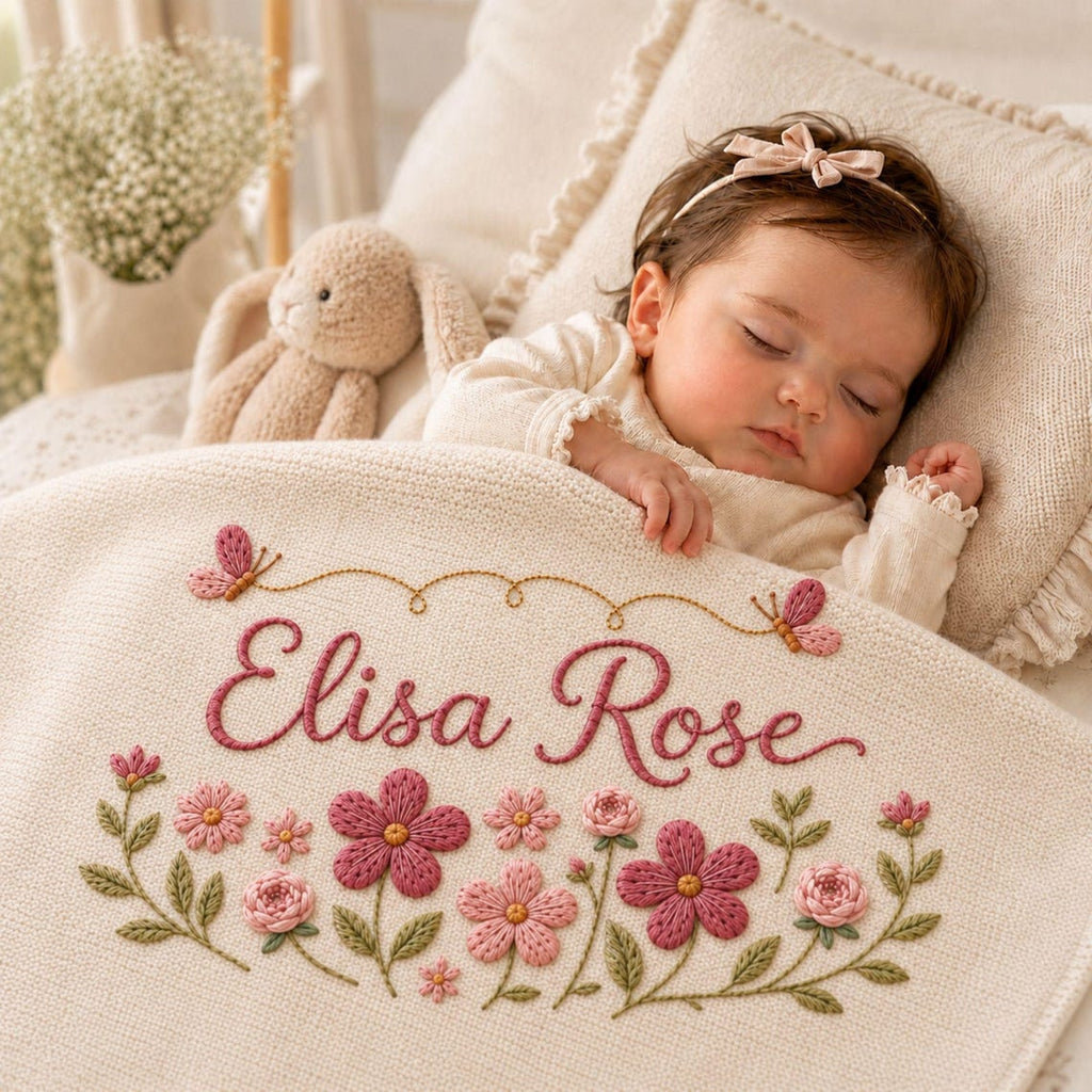 Personalized Floral Butterfly Embroidered Baby Blanket, Custom Embroidered Knit Name Blanket, Welcome Baby Nursery Keepsake, Newborn Gift