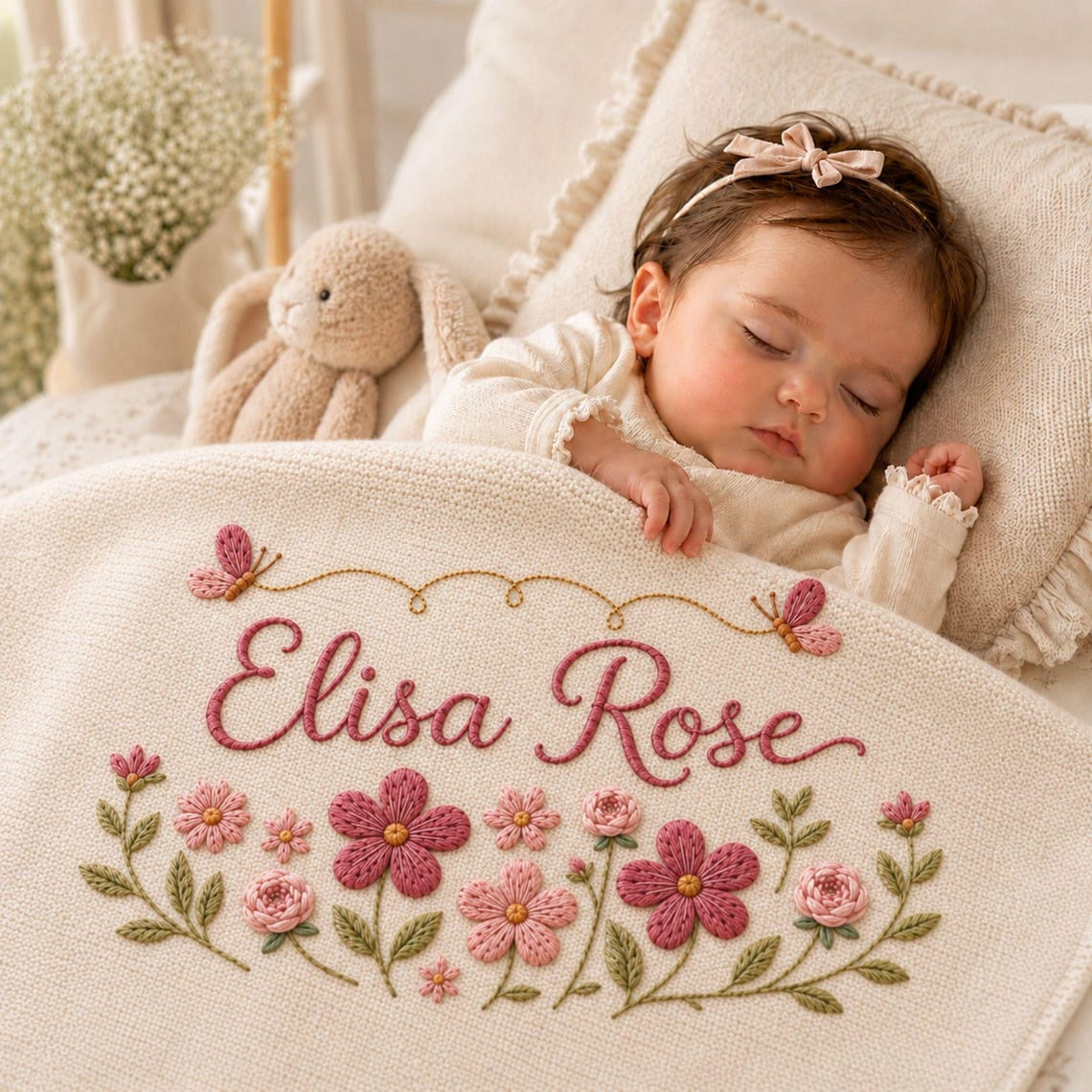 Personalized Floral Butterfly Embroidered Baby Blanket, Custom Embroidered Knit Name Blanket, Welcome Baby Nursery Keepsake, Newborn Gift