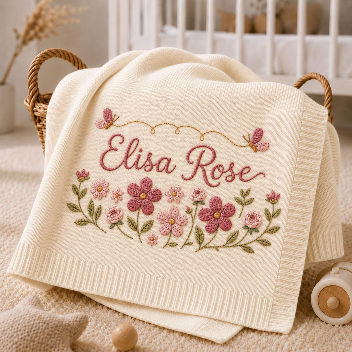 Personalized Floral Butterfly Embroidered Baby Blanket, Custom Embroidered Knit Name Blanket, Welcome Baby Nursery Keepsake, Newborn Gift