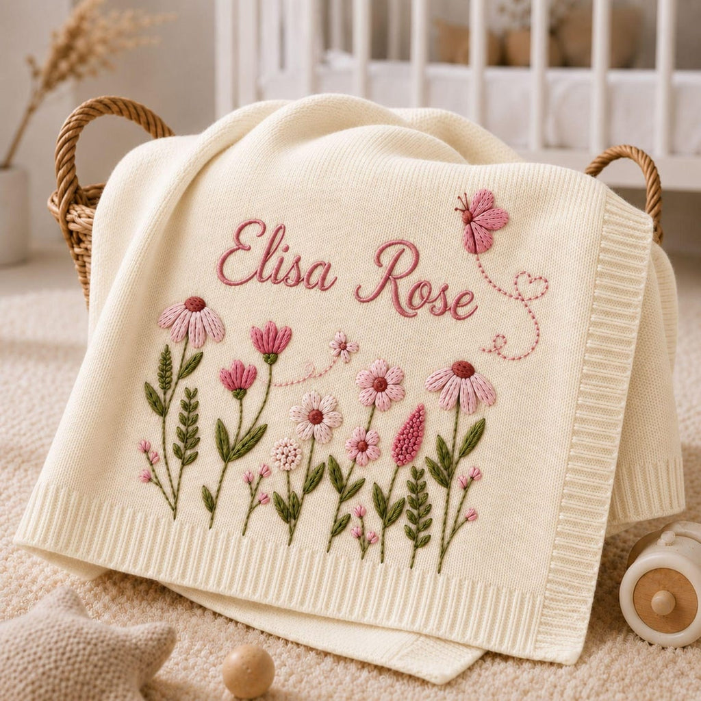 Personalized Floral Butterfly Embroidered Baby Blanket, Custom Embroidered Knit Name Blanket, Welcome Baby Nursery Keepsake, Newborn Gift