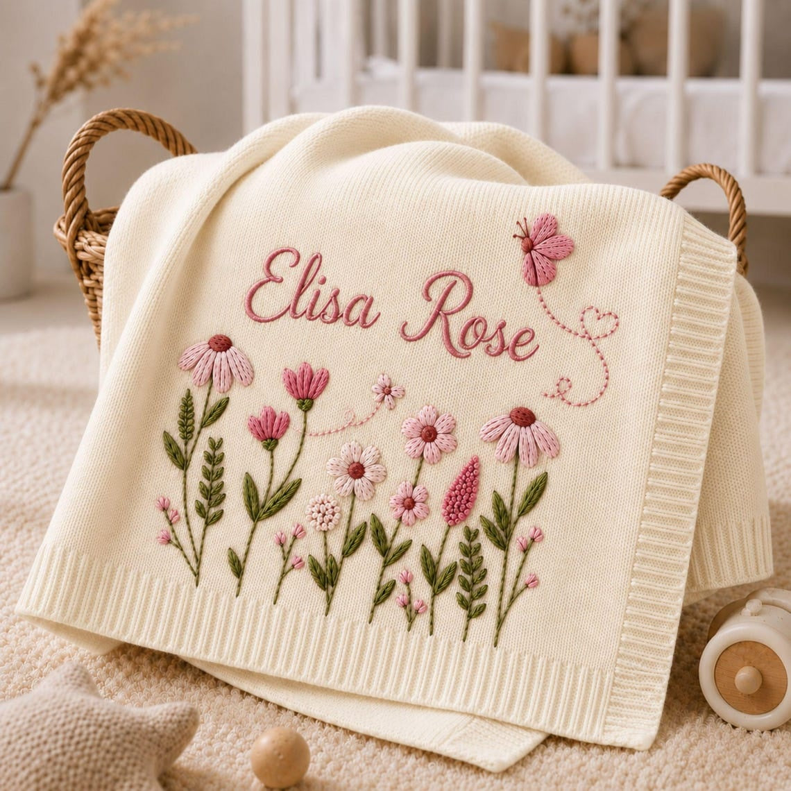 Personalized Floral Butterfly Embroidered Baby Blanket, Custom Embroidered Knit Name Blanket, Welcome Baby Nursery Keepsake, Newborn Gift