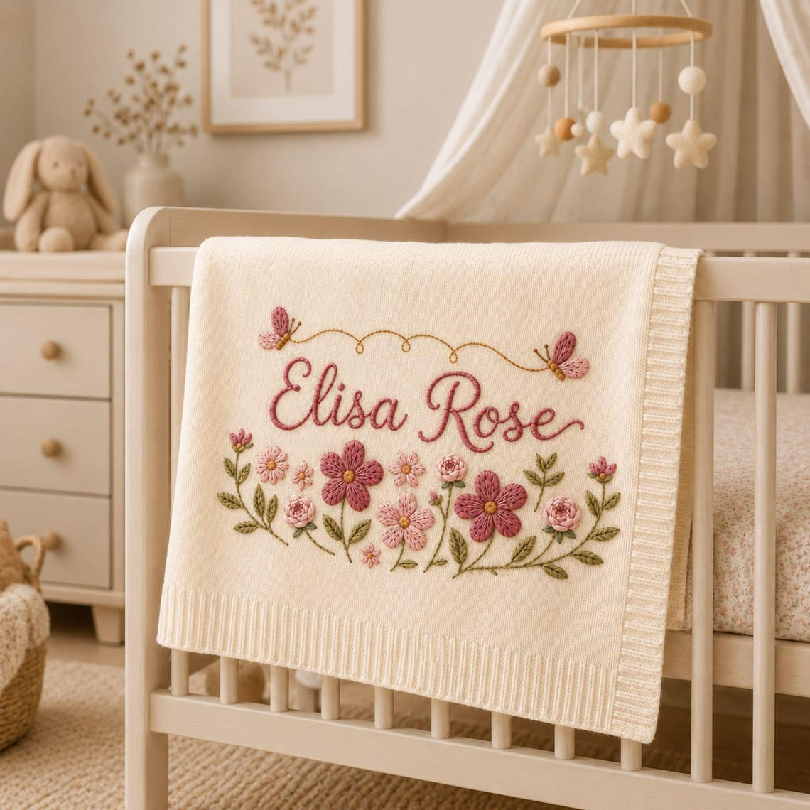 Personalized Floral Butterfly Embroidered Baby Blanket, Custom Embroidered Knit Name Blanket, Welcome Baby Nursery Keepsake, Newborn Gift