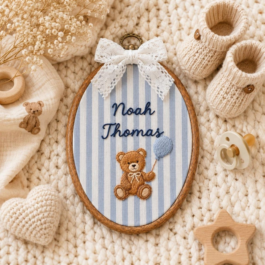 Personalized Embroidered Teddy Bear Baby Name Hoop, Baby Name Reveal Sign Heirloom, Baby Name Wall Decor, Baby Shower Gift, Newborn Keepsake