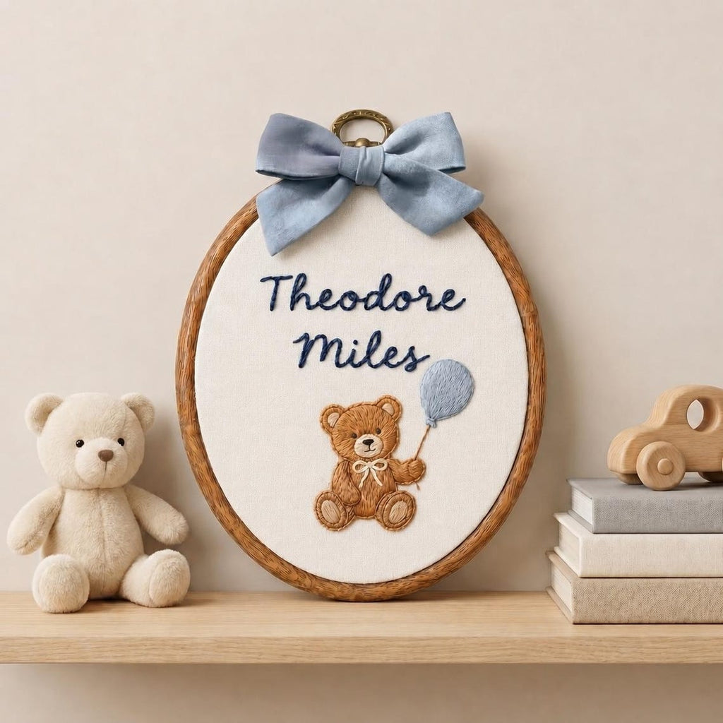 Personalized Embroidered Teddy Bear Baby Name Hoop, Baby Name Reveal Sign Heirloom, Baby Name Wall Decor, Baby Shower Gift, Newborn Keepsake