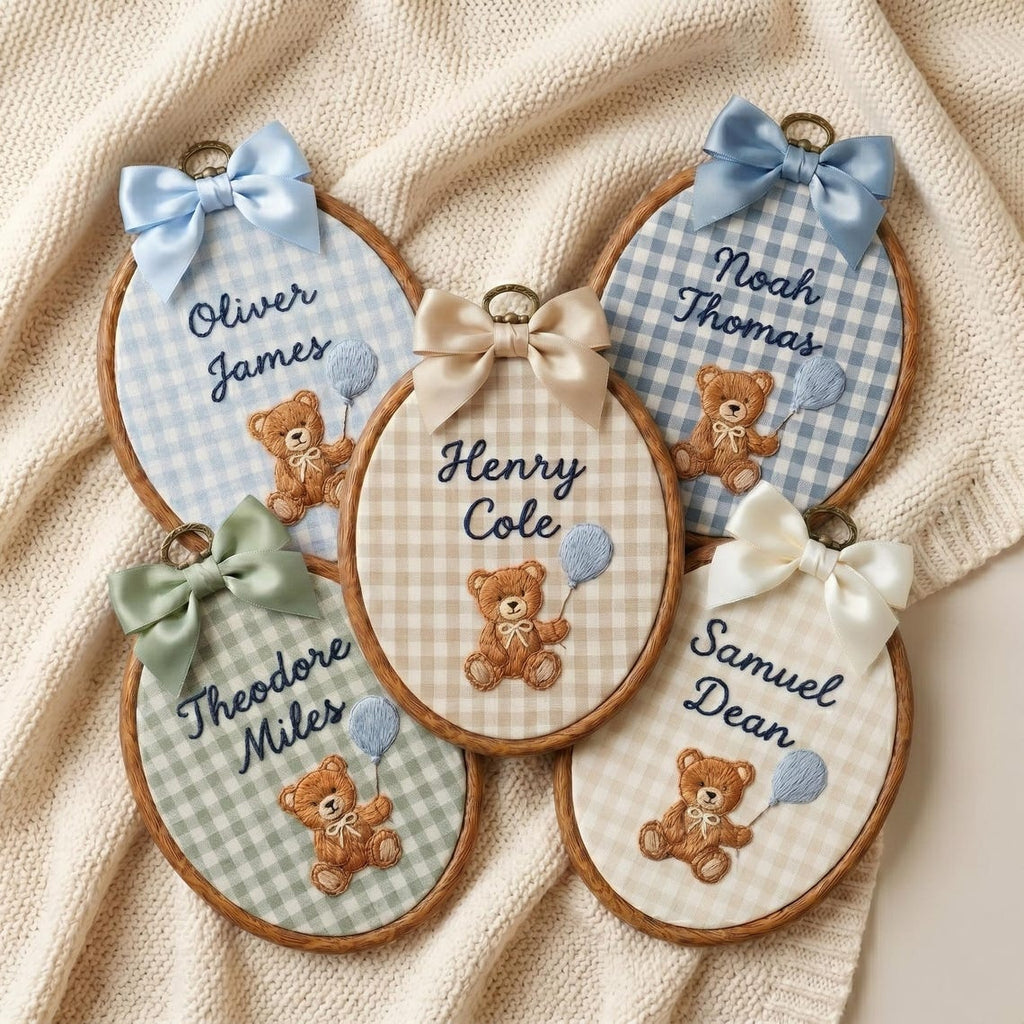 Personalized Embroidered Teddy Bear Baby Name Hoop, Baby Name Reveal Sign Heirloom, Baby Name Wall Decor, Baby Shower Gift, Newborn Keepsake