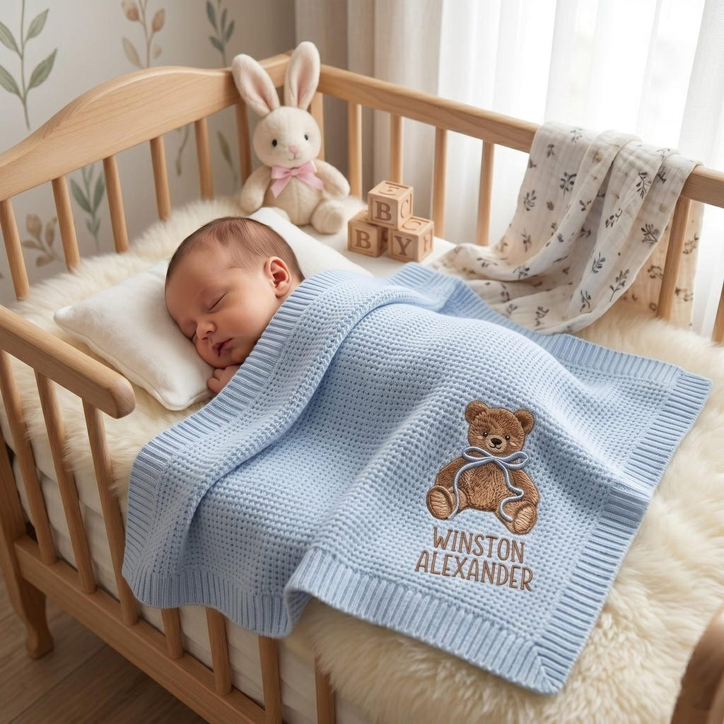 Personalized Embroidered Teddy Bear Baby Blanket with Name - Custom Knit Newborn Gift, Gift For Baby, Nursery Keepsake, Newborn Gift