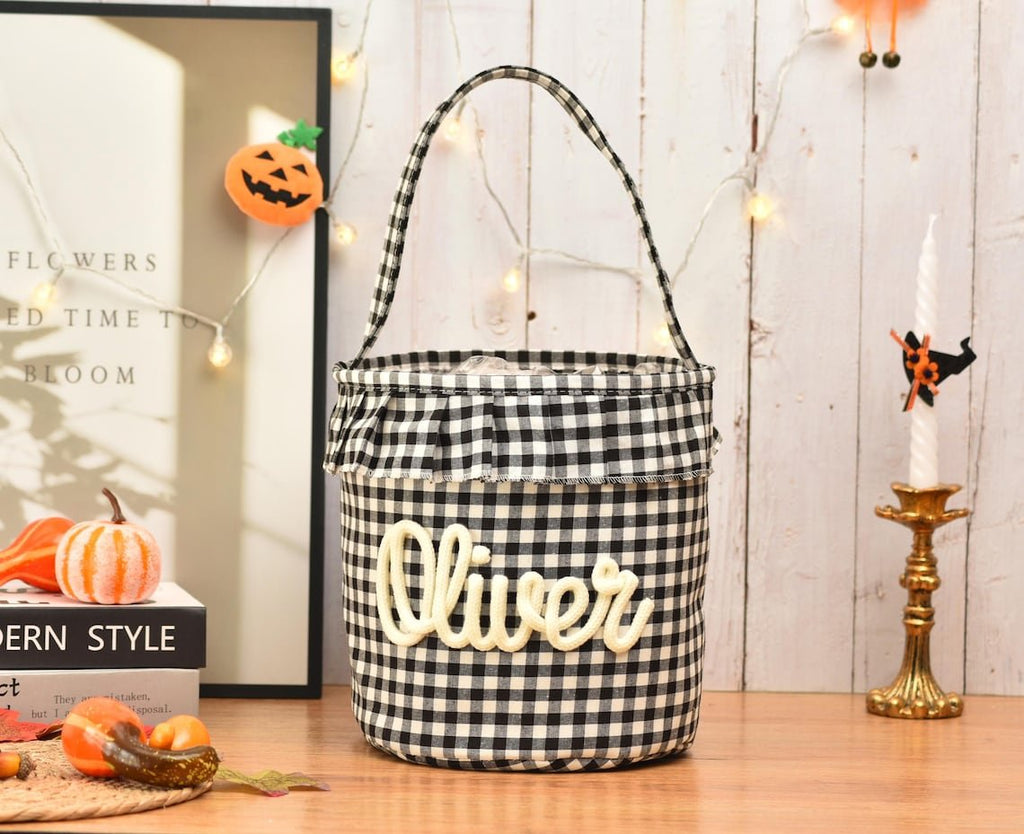 Halloween Basket Ruffle Personalized, Plaid Trick or Treat Bag with Custom Name, Halloween Candy Bucket for Kids, Halloween Storage Basket Gift