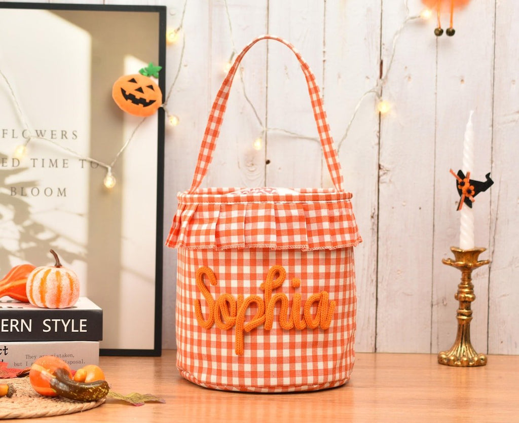 Halloween Basket Ruffle Personalized, Plaid Trick or Treat Bag with Custom Name, Halloween Candy Bucket for Kids, Halloween Storage Basket Gift