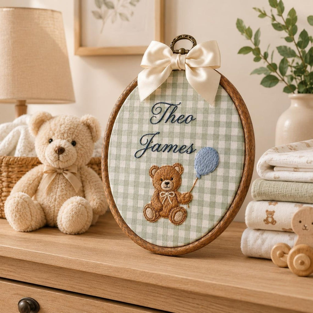 Personalized Embroidered Teddy Bear Baby Name Hoop, Baby Name Reveal Sign Heirloom, Baby Name Wall Decor, Baby Shower Gift, Newborn Keepsake