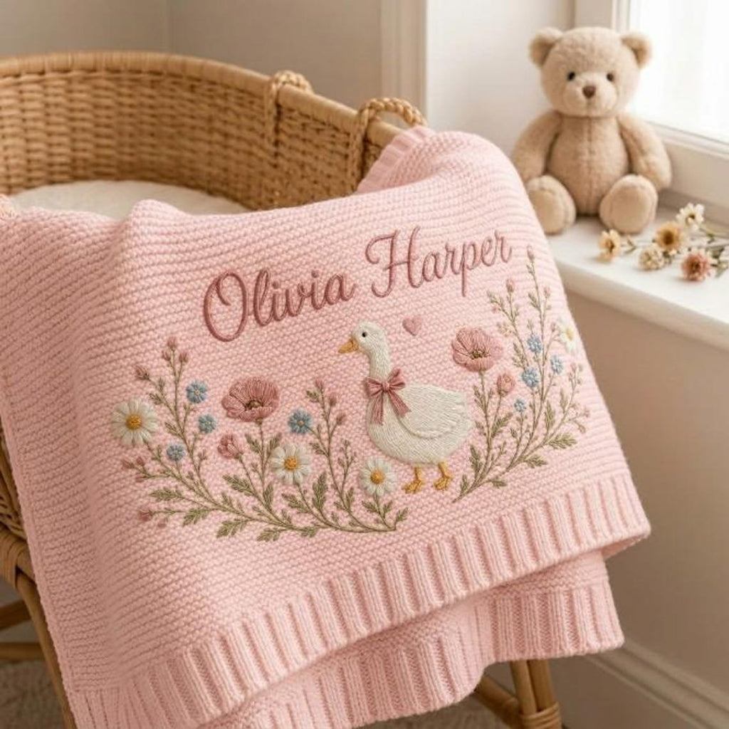 Personalized Vintage Goose Baby Blanket – Custom Name Embroidered Knit Blanket with Floral Design