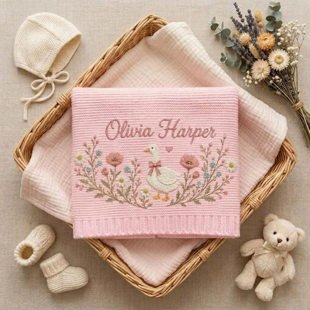 Personalized Vintage Goose Baby Blanket – Custom Name Embroidered Knit Blanket with Floral Design