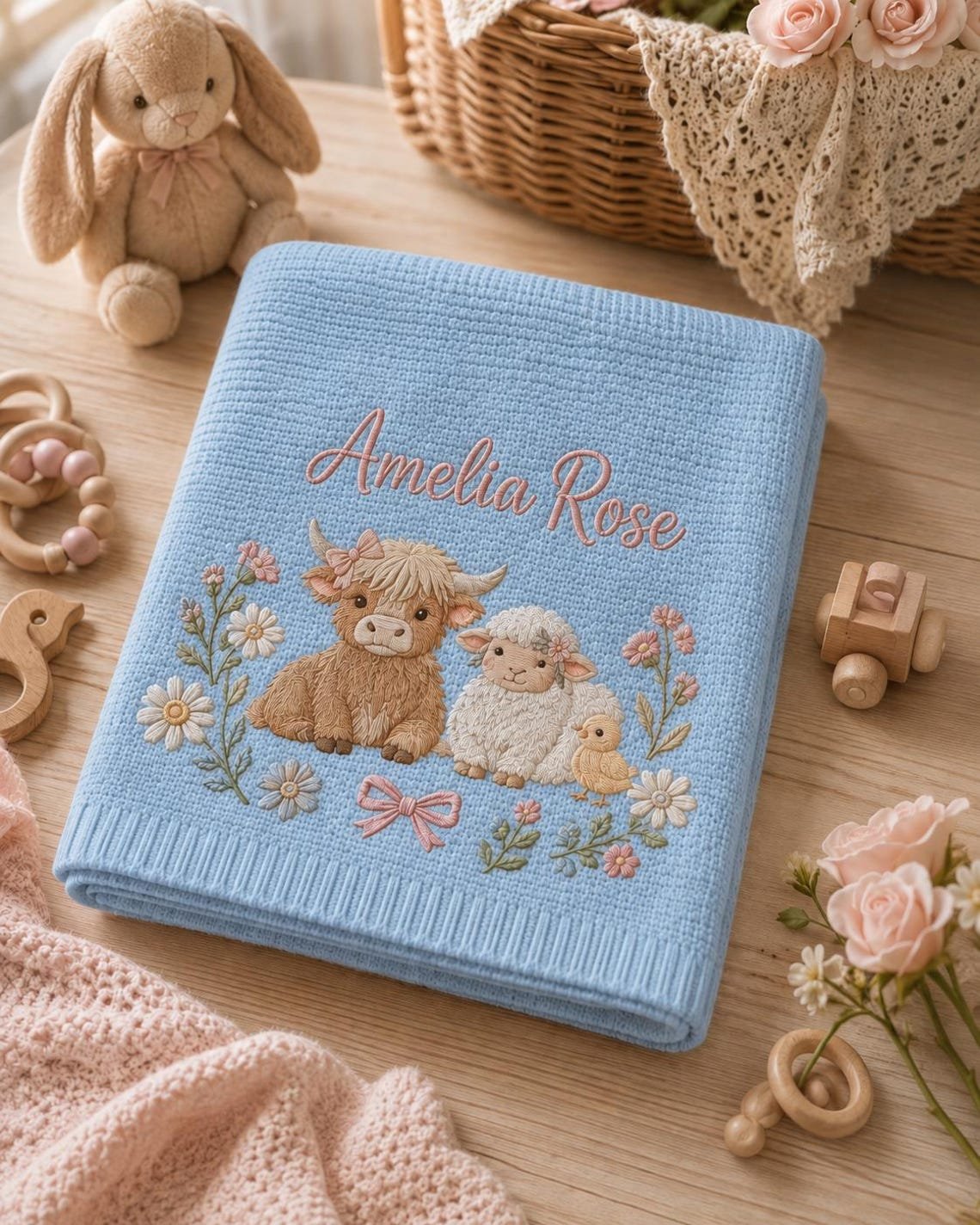 Personalized Farm Animal Baby Blanket – Custom Name Embroidered Knit Blanket with Highland Cow & Sheep
