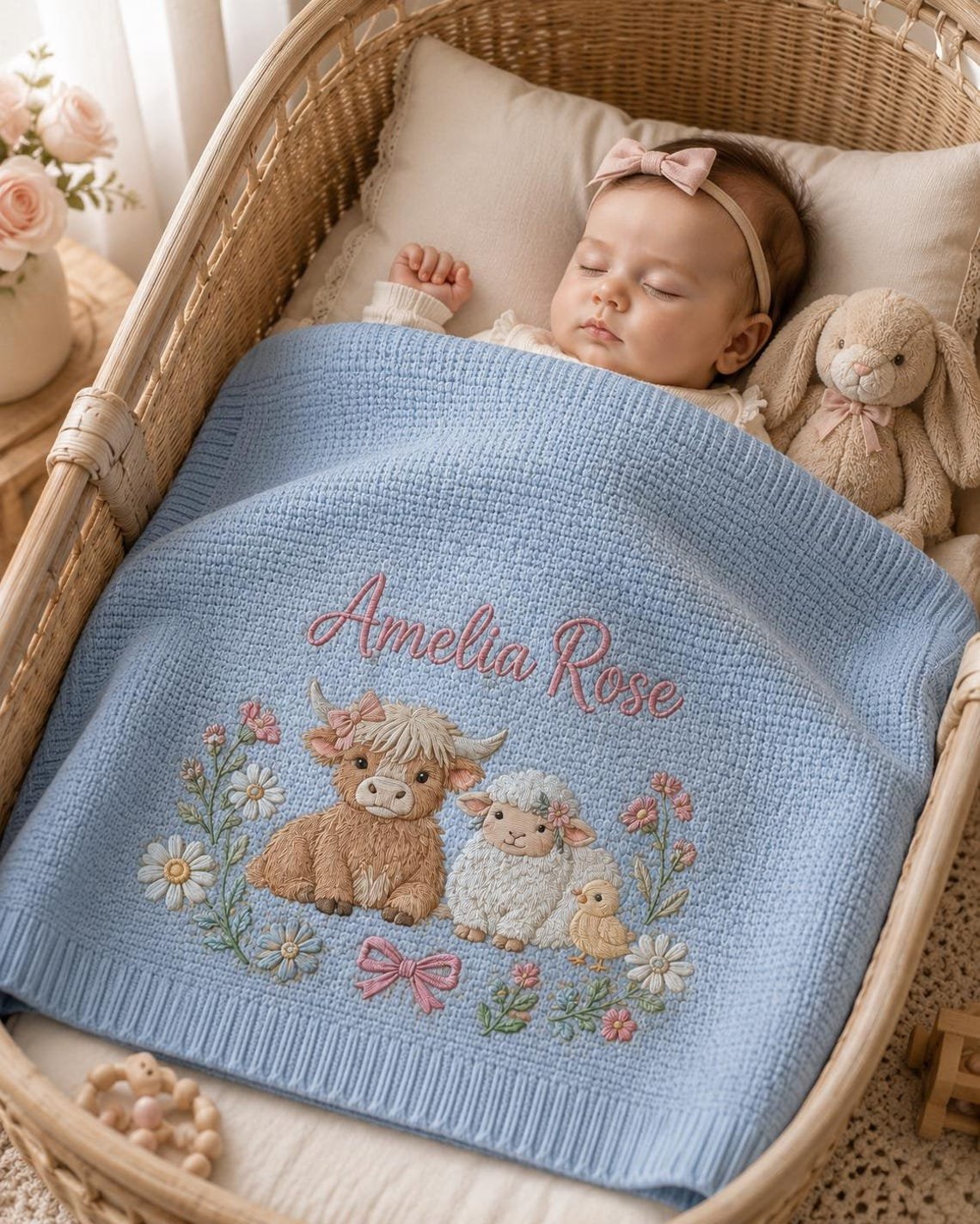 Personalized Farm Animal Baby Blanket – Custom Name Embroidered Knit Blanket with Highland Cow & Sheep