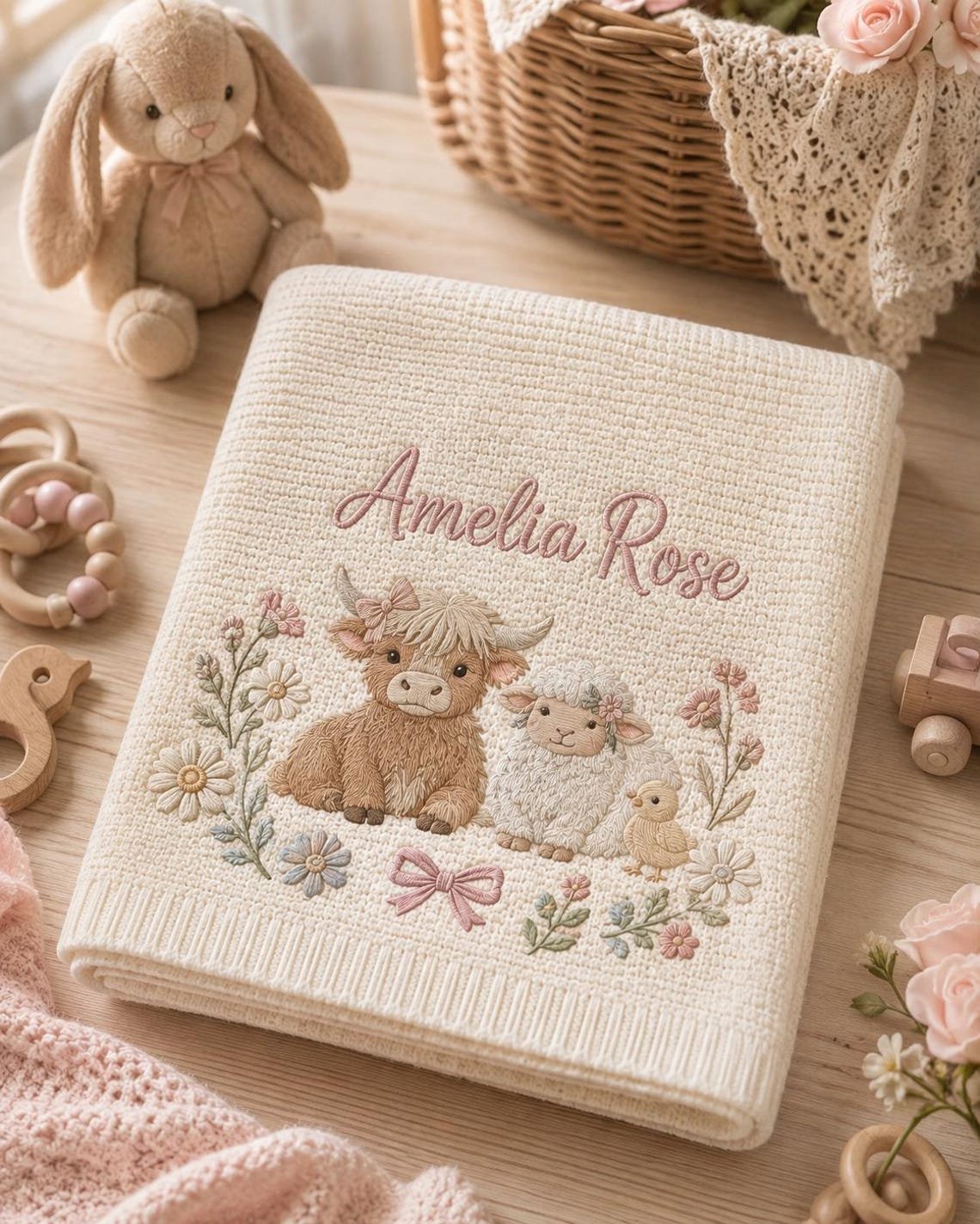Personalized Farm Animal Baby Blanket – Custom Name Embroidered Knit Blanket with Highland Cow & Sheep