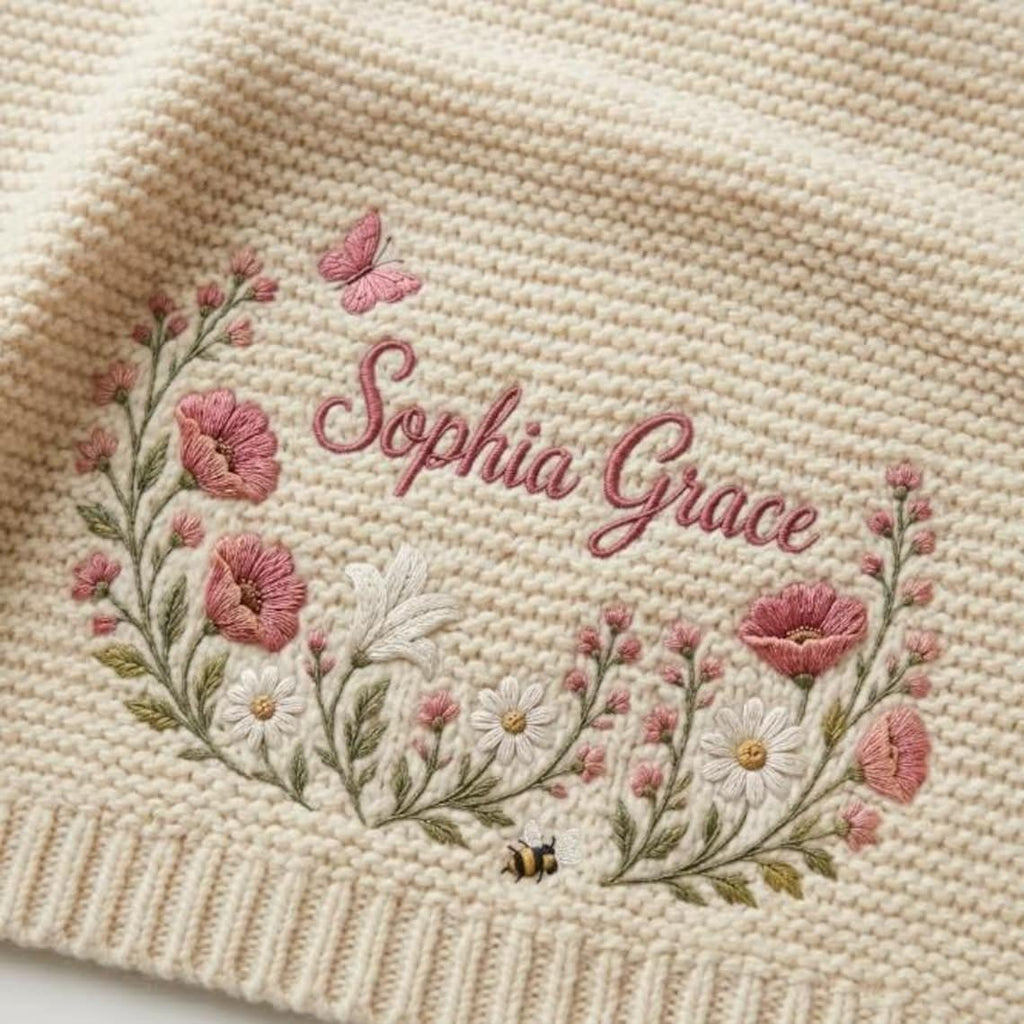 Personalized Wildflower Baby Blanket – Custom Name Embroidered Floral & Butterfly Knit Blanket